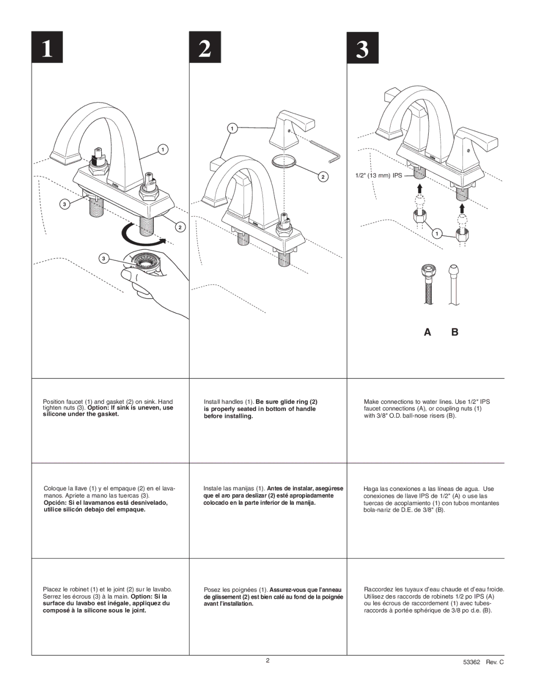 Delta 2551 Series manual Install handles 1. Be sure glide ring 