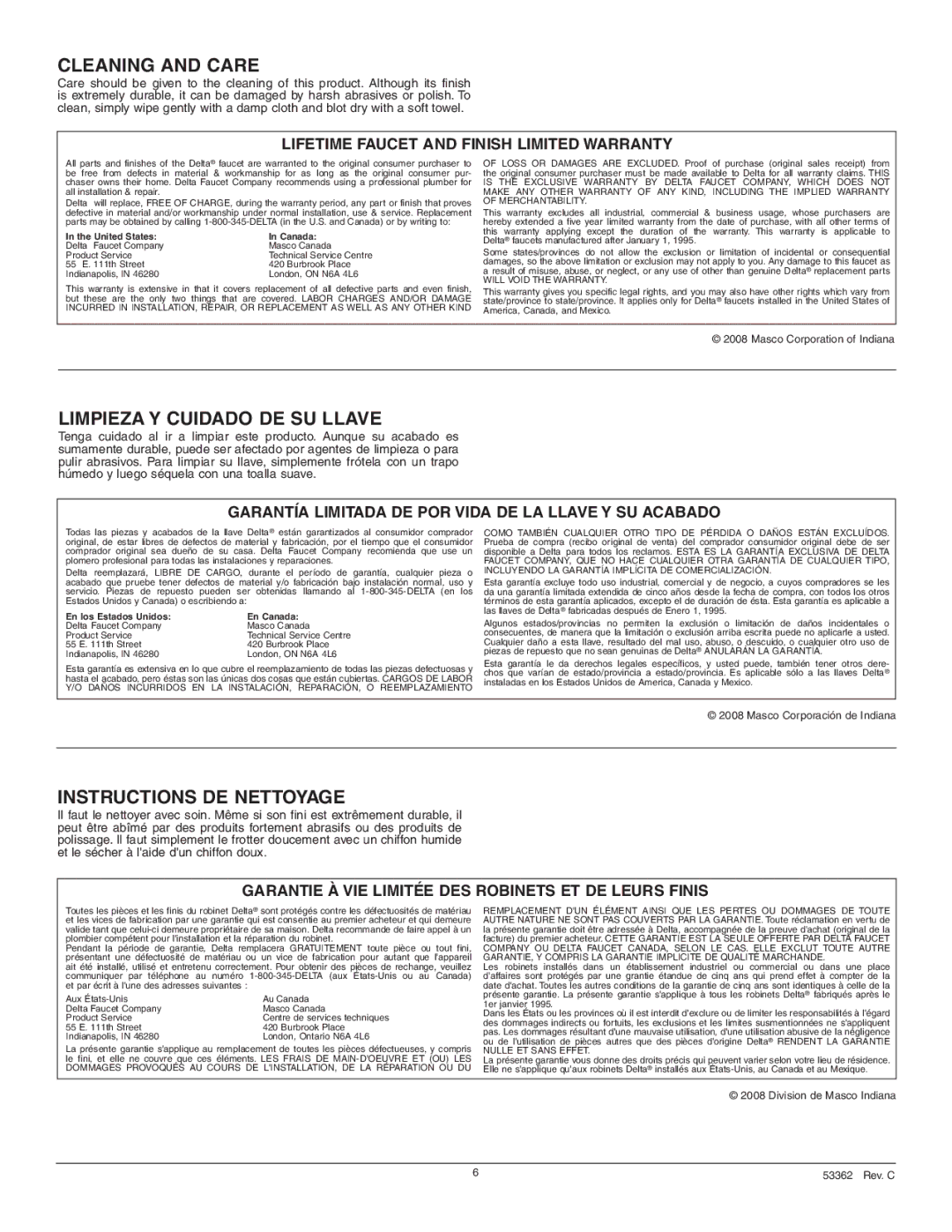 Delta 2551 Series manual Cleaning and Care, Instructions de nettoyage 