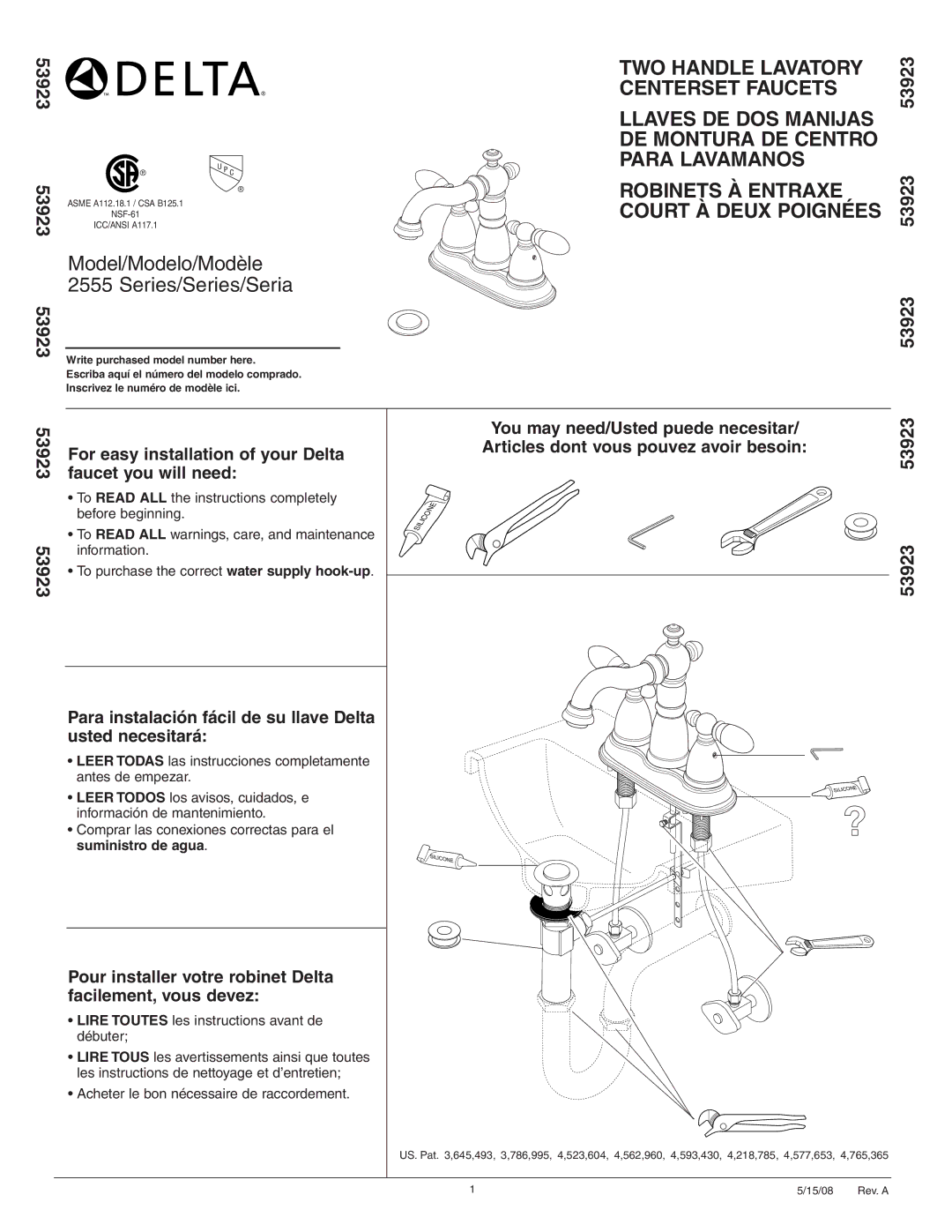 Delta manual Model/Modelo/Modèle 2555 Series/Series/Seria, Suministro de agua. Silicone 