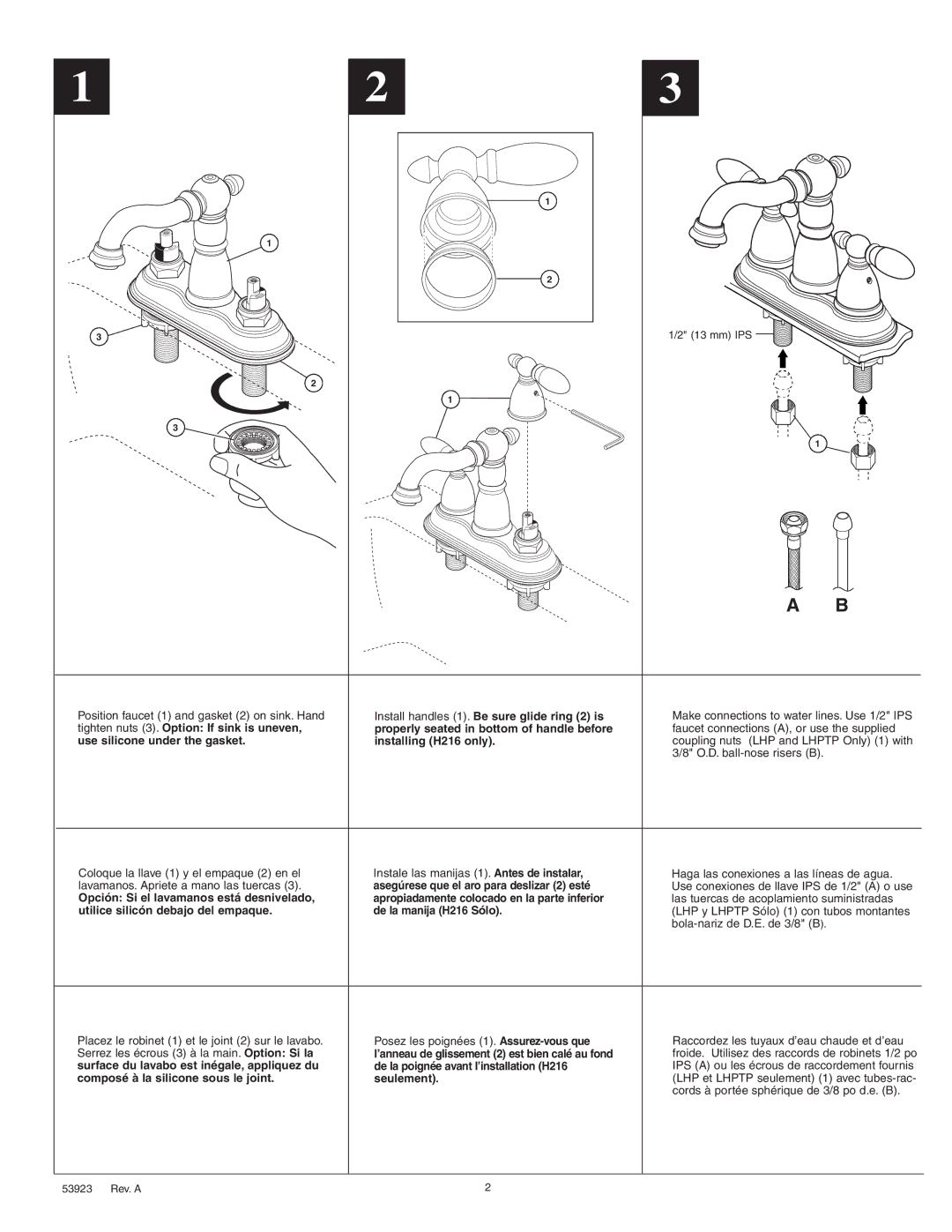 Delta 2555 Series manual Install handles 1. Be sure glide ring 2 is 