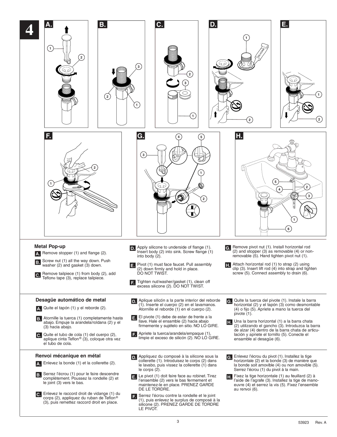 Delta 2555 Series manual Metal Pop-up, Desagüe automático de metal, Renvoi mécanique en métal 