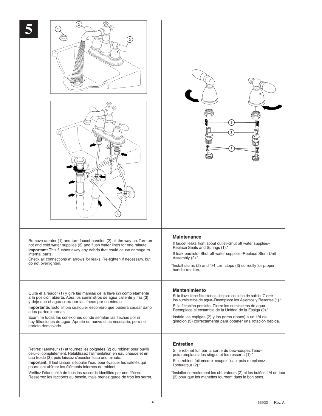 Delta 2555 Series manual Maintenance, Mantenimiento, Entretien 