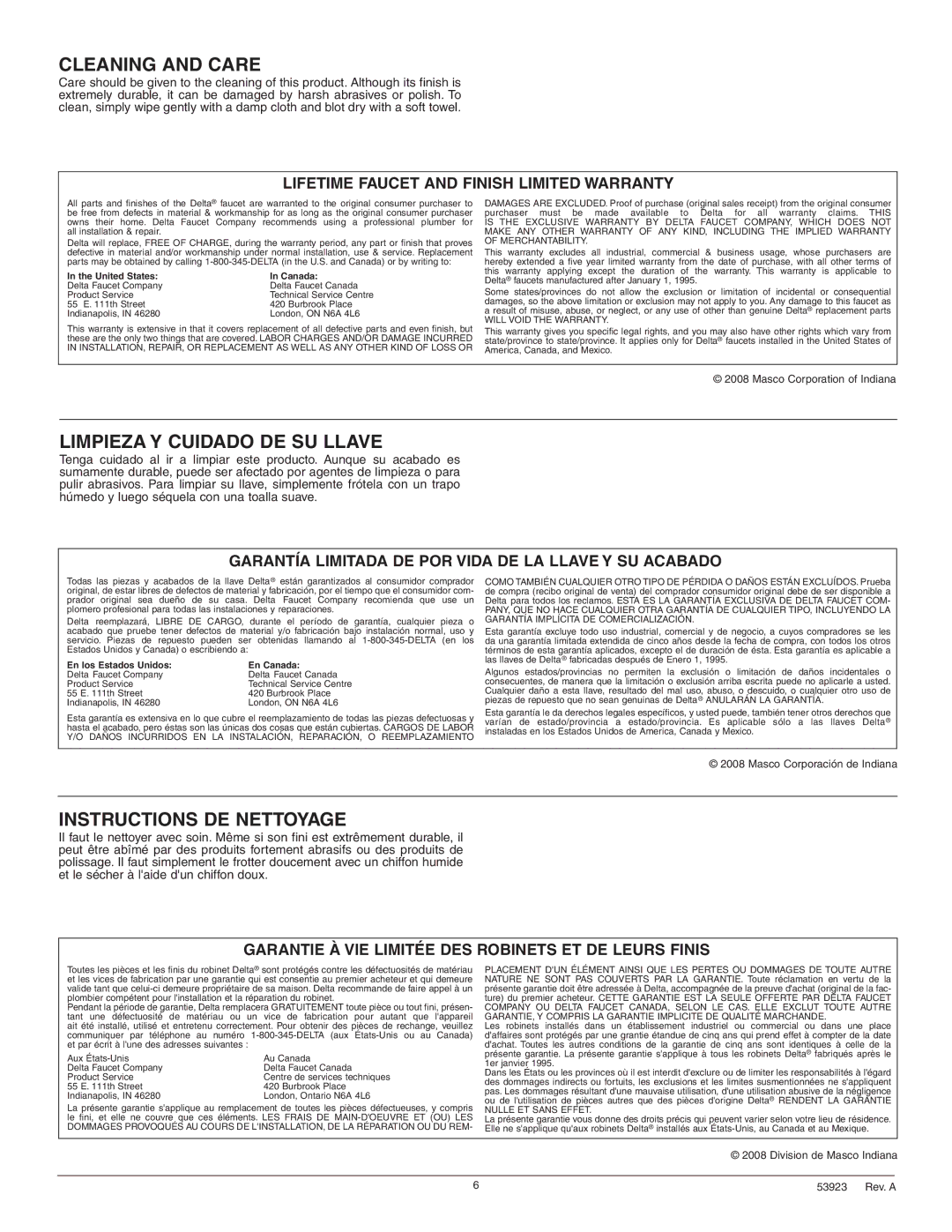 Delta 2555 Series manual United States Canada, En los Estados Unidos En Canada 