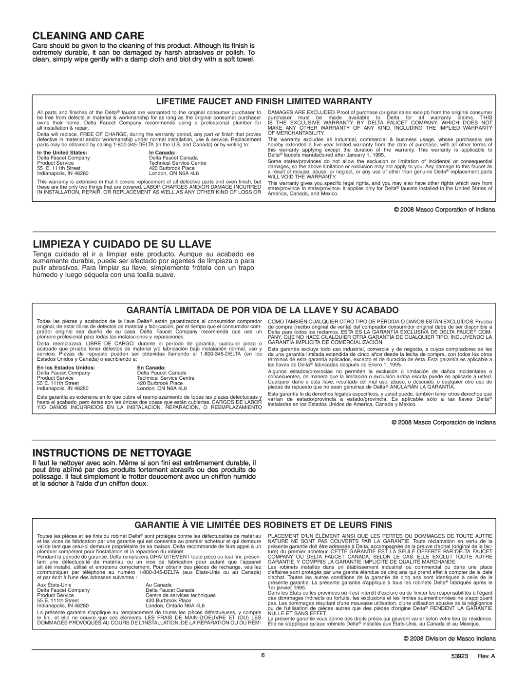 Delta 2555 Series manual Cleaning And Care, Limpieza Y Cuidado De Su Llave, Instructions De Nettoyage 
