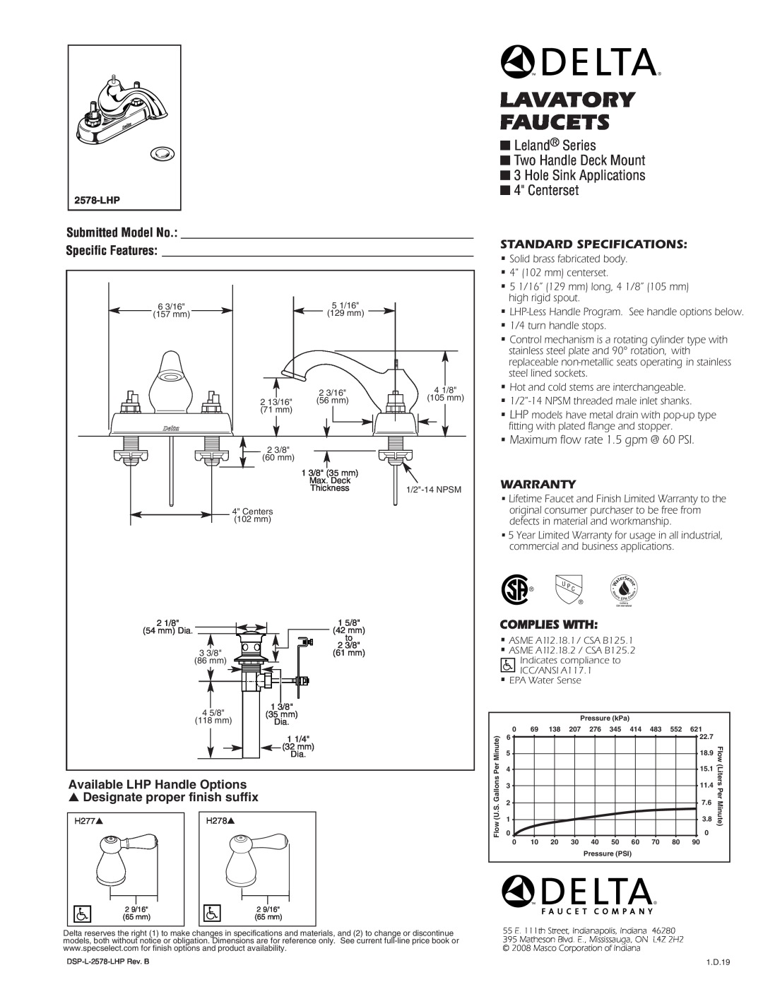 Delta 2578-LHP warranty Lavatory Faucets, Leland Series Two Handle Deck Mount 3 Hole Sink Applications, Centerset 