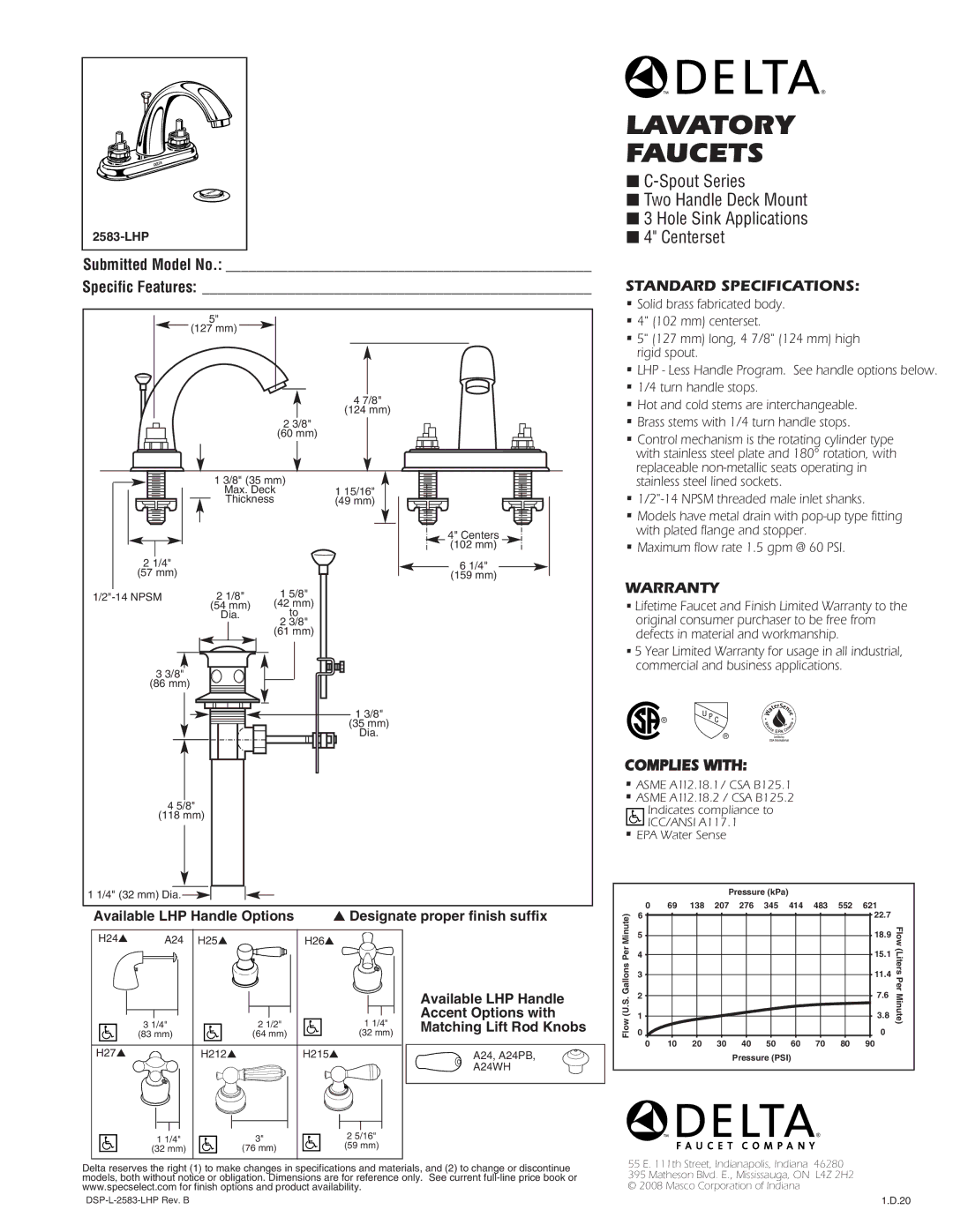 Delta 2583-LHP warranty Lavatory Faucets, Submitted Model No Specific Features, Standard Specifications, Warranty 