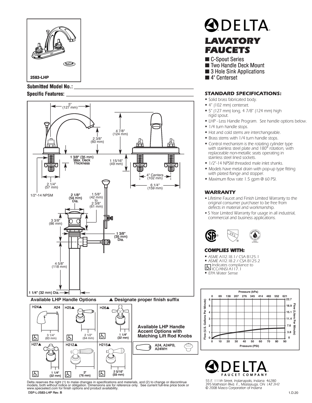Delta 2583-LHP warranty Lavatory Faucets, C-Spout Series Two Handle Deck Mount 3 Hole Sink Applications, Centerset 