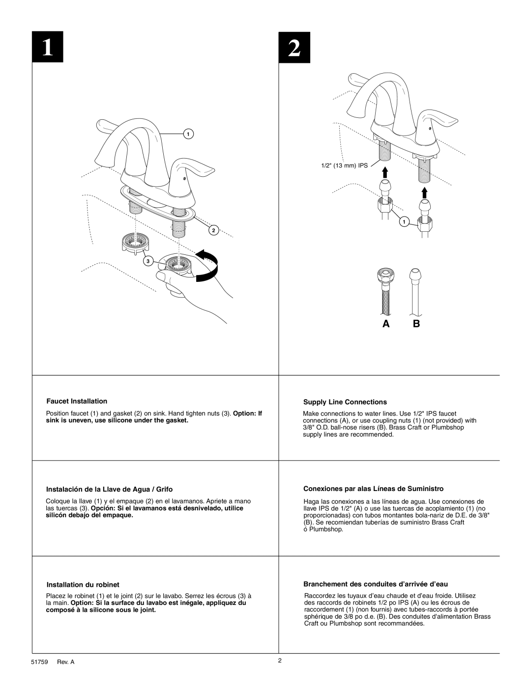 Delta 25938 Series manual Faucet Installation, Instalación de la Llave de Agua / Grifo, Installation du robinet 