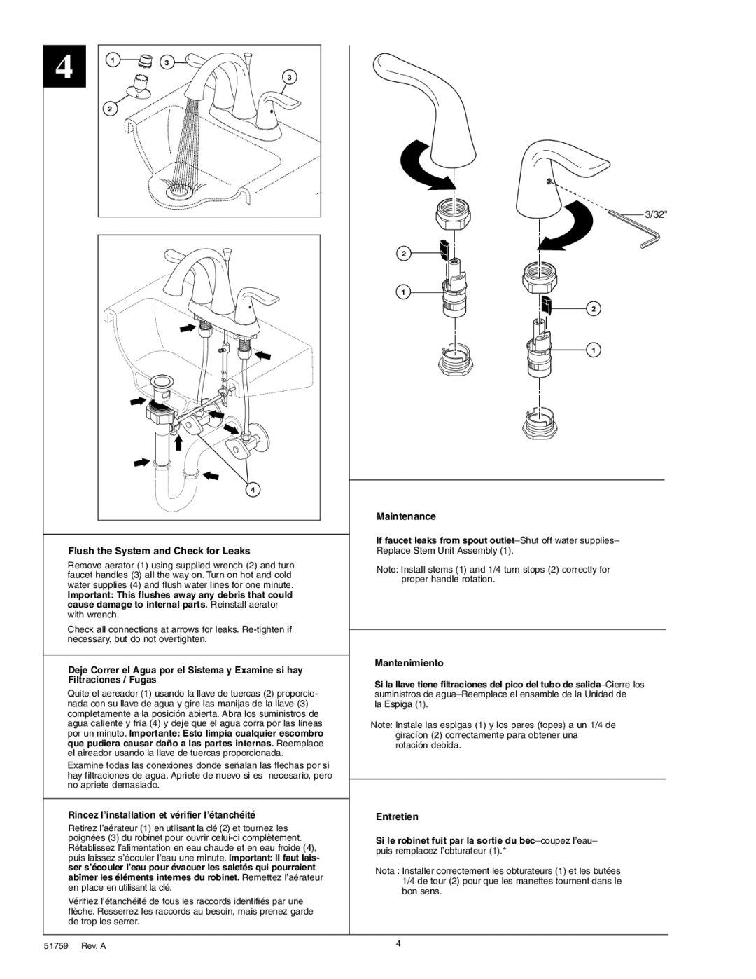 Delta 25938 Series manual Maintenance, Rincez l’installation et vérifier l’étanchéité, Mantenimiento, Entretien 