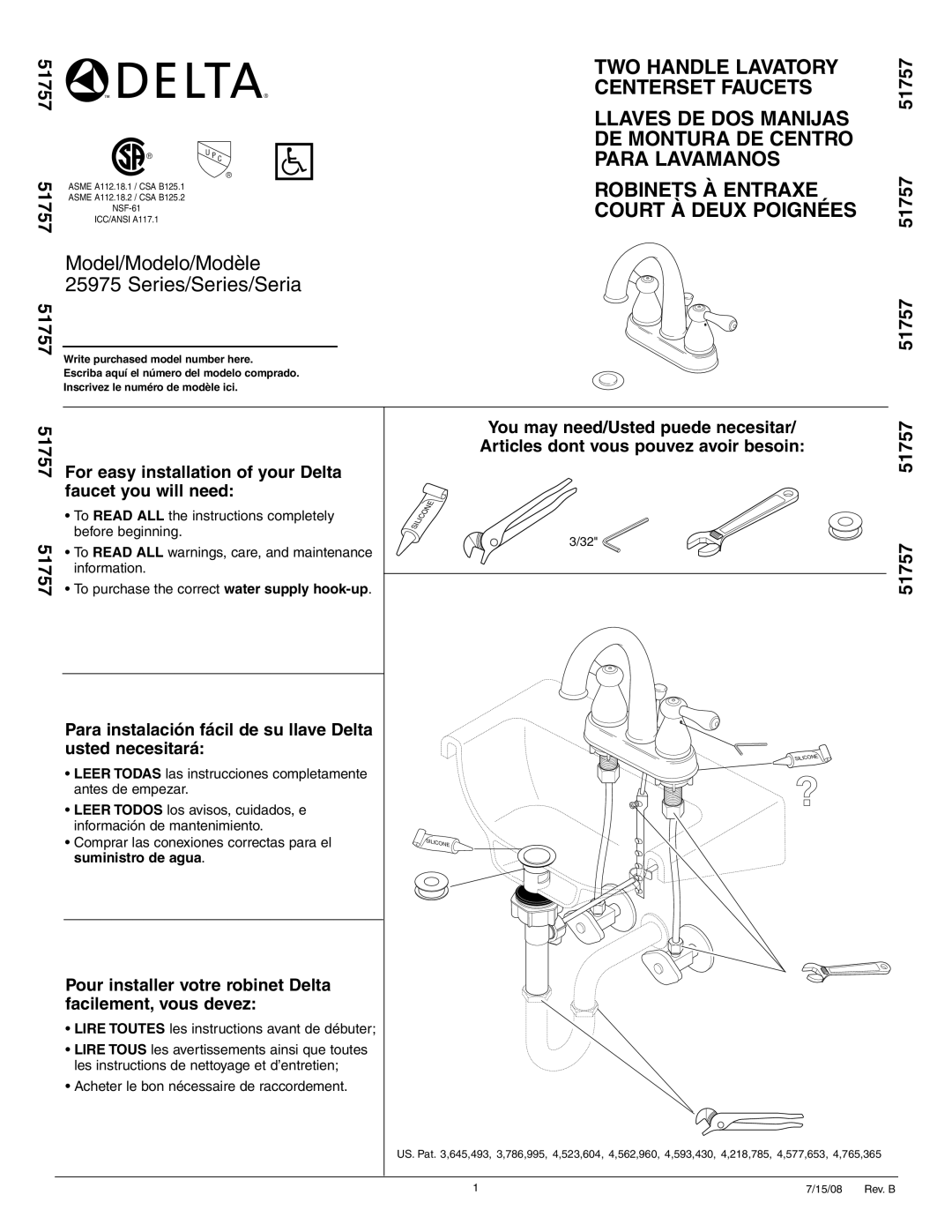 Delta 25975 Series manual Series/Series/Seria, 51757 