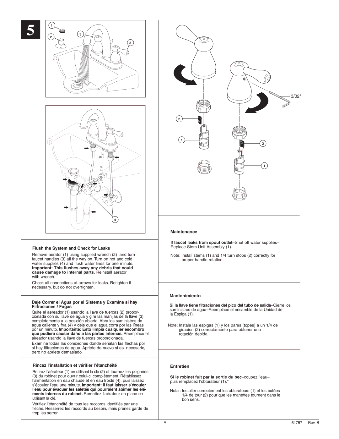 Delta 25975 Series manual Maintenance, Flush the System and Check for Leaks, Mantenimiento, Filtraciones / Fugas 