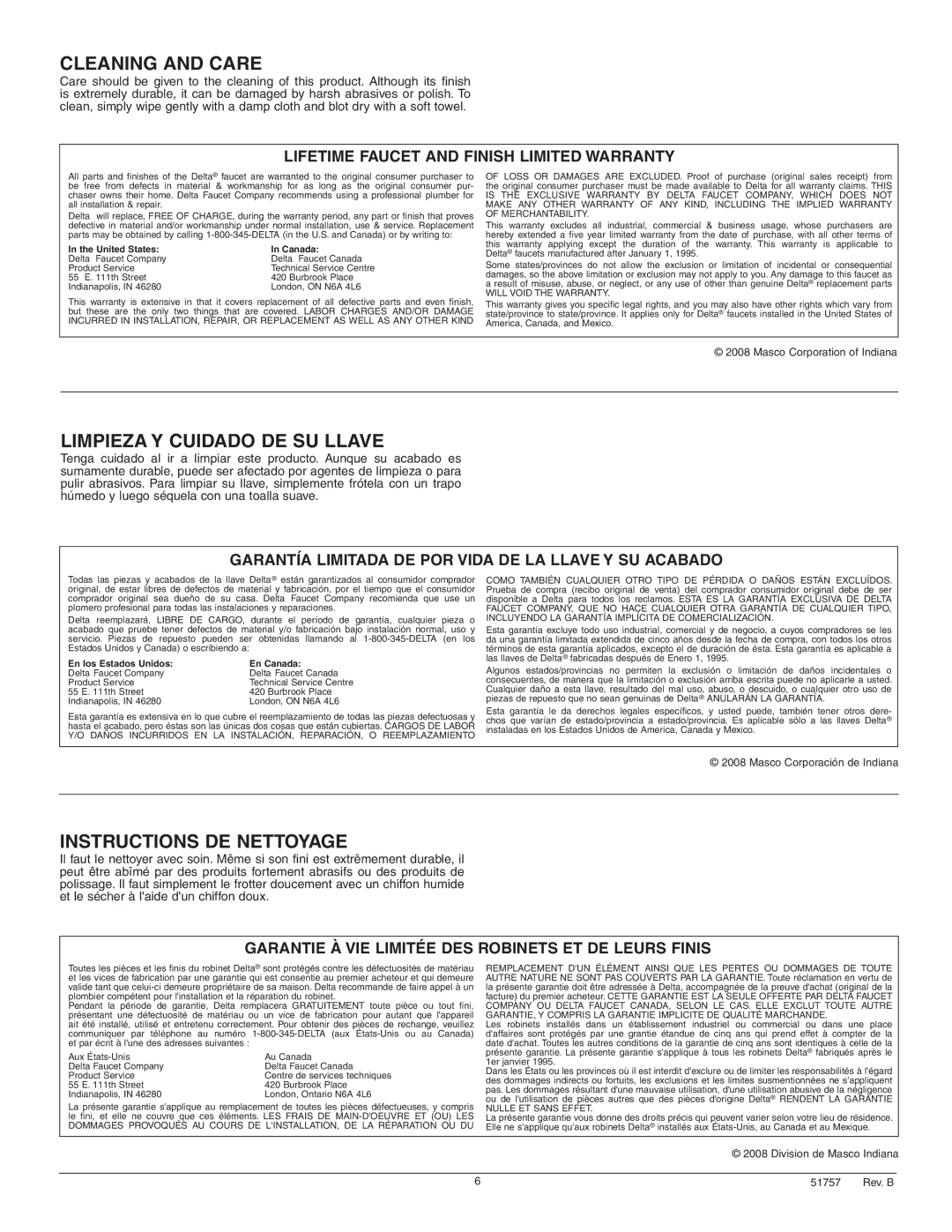 Delta 25975 Series manual Cleaning and Care, Instructions de nettoyage 