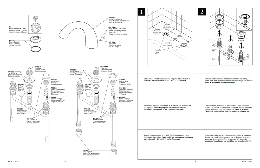 Delta 2705 Series El diagrama. Nota El juego de herramientas es para, Instalaciones hasta de 1 1/4 3.17 cm de grueso 