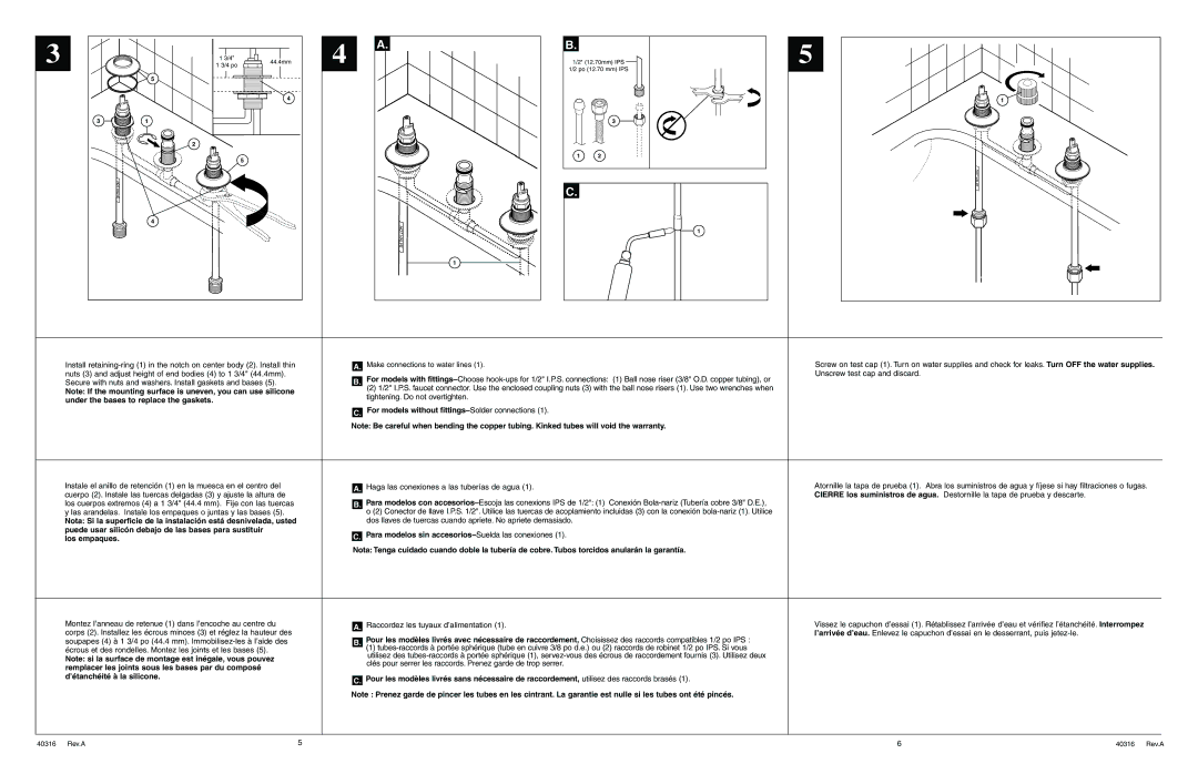 Delta 2705 Series Nuts 3 and adjust height of end bodies 4 to 1 3/4 44.4mm, Unscrew test cap and discard, Los empaques 