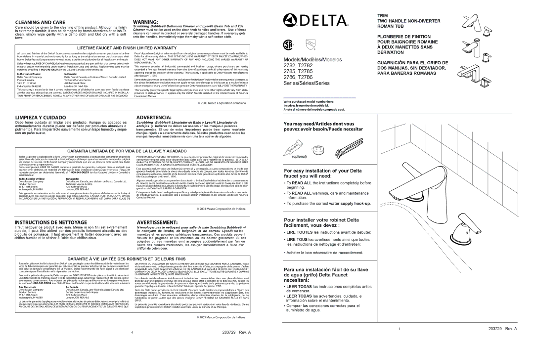 Delta 2782 Series warranty Cleaning and Care, Limpieza Y Cuidado Advertencia, Instructions DE Nettoyage Avertissement 