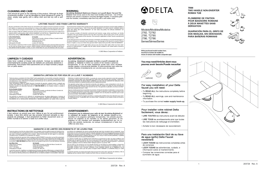 Delta 2782 Series warranty Cleaning And Care, Limpieza Y Cuidado, Advertencia, Models/Modèles/Modelos, 2782, T2782 