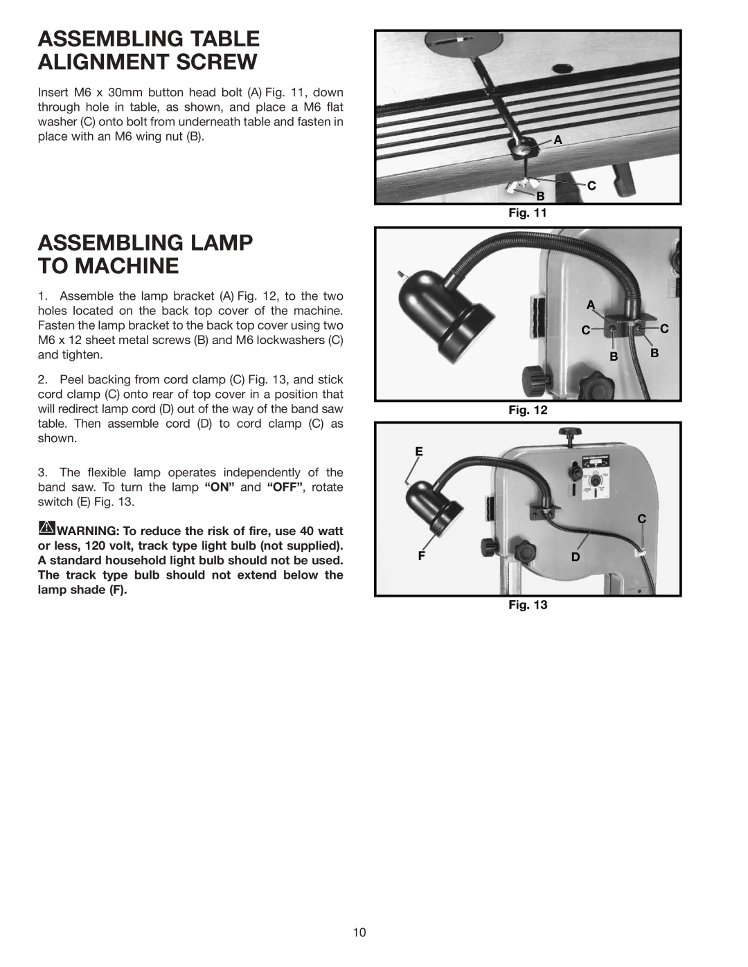 Delta 28-195 instruction manual Assembling Table Alignment Screw, Assembling Lamp To Machine 