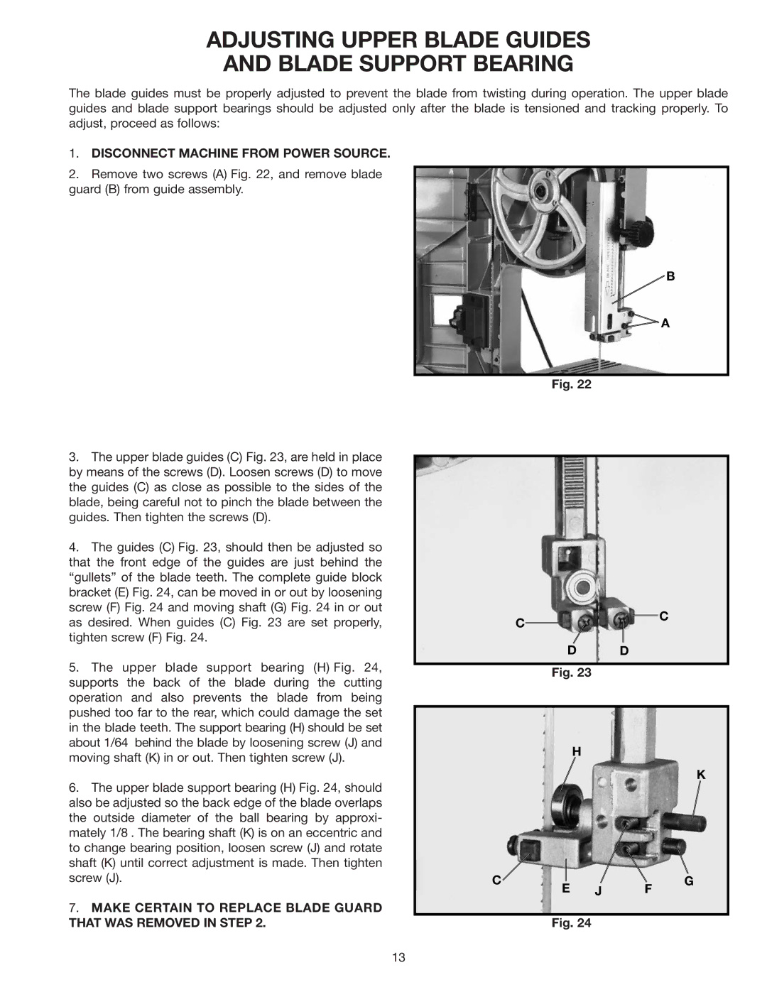 Delta 28-195 instruction manual Adjusting Upper Blade Guides Blade Support Bearing 