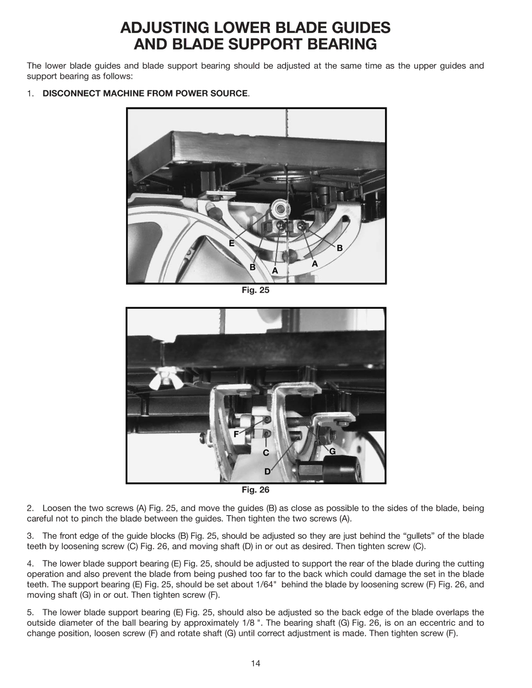 Delta 28-195 instruction manual Adjusting Lower Blade Guides Blade Support Bearing 