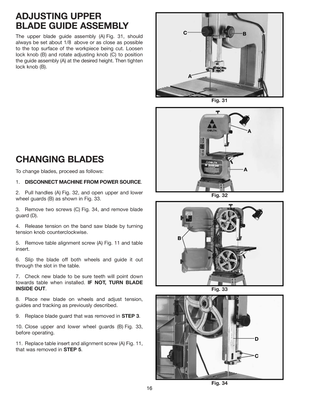 Delta 28-195 instruction manual Changing Blades, Adjusting Upper Blade Guide Assembly 