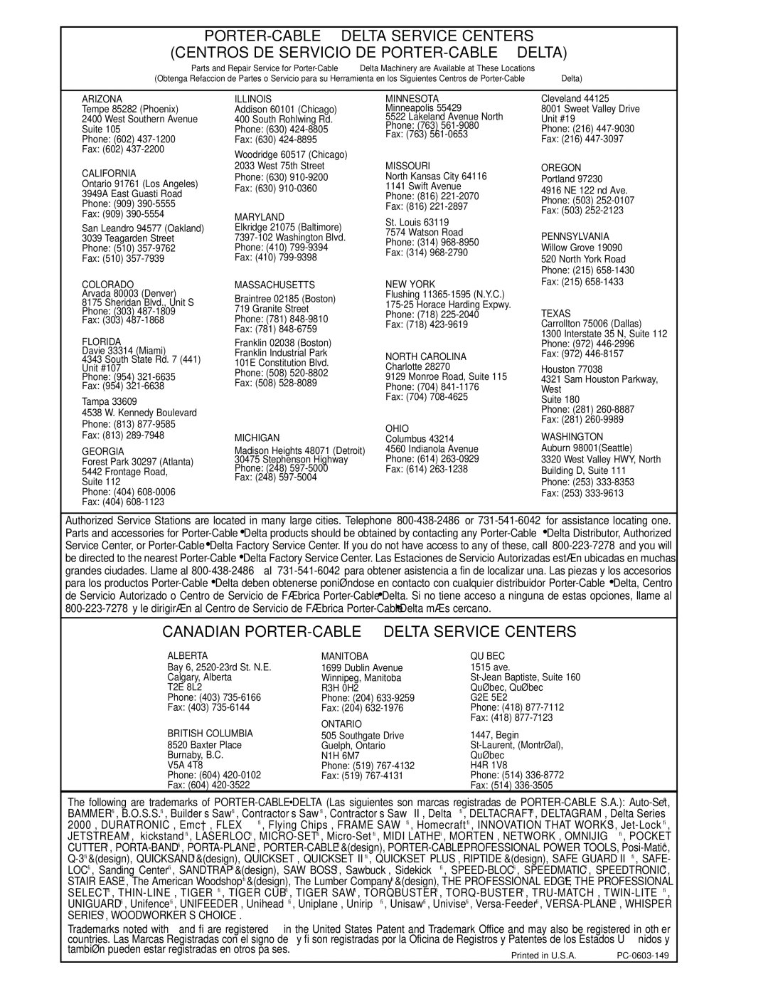 Delta 28-195 instruction manual Canadian PORTER-CABLE Delta Service Centers 