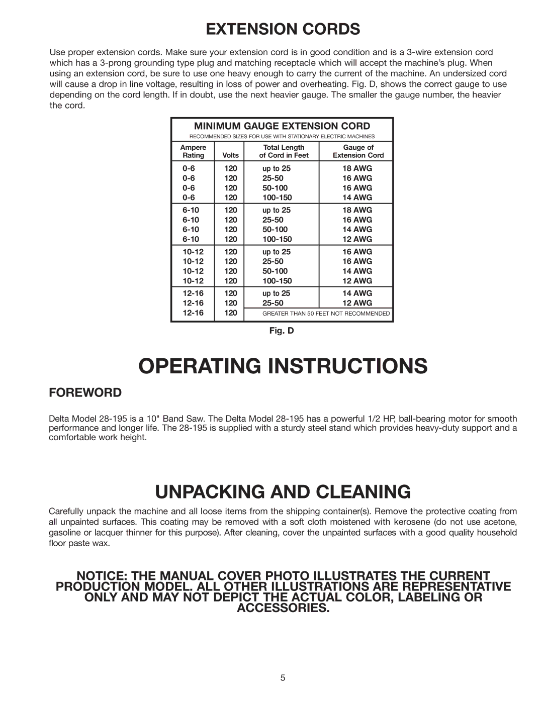 Delta 28-195 instruction manual Unpacking and Cleaning, Extension Cords 