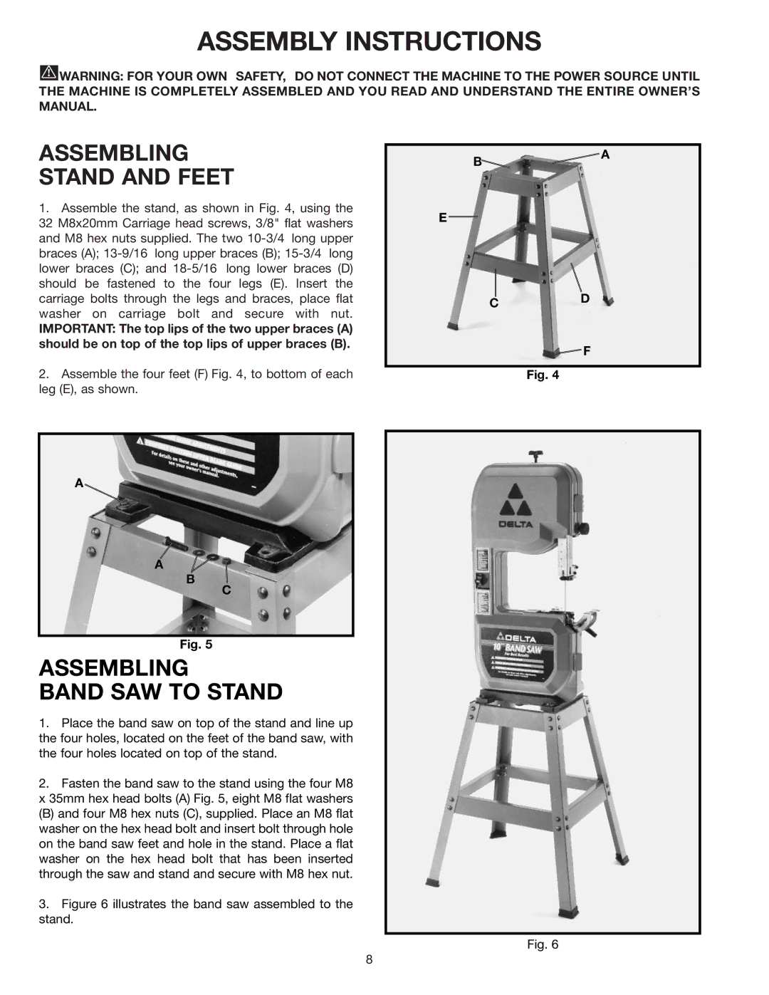 Delta 28-195 instruction manual Assembly Instructions, Assembling Stand and Feet 