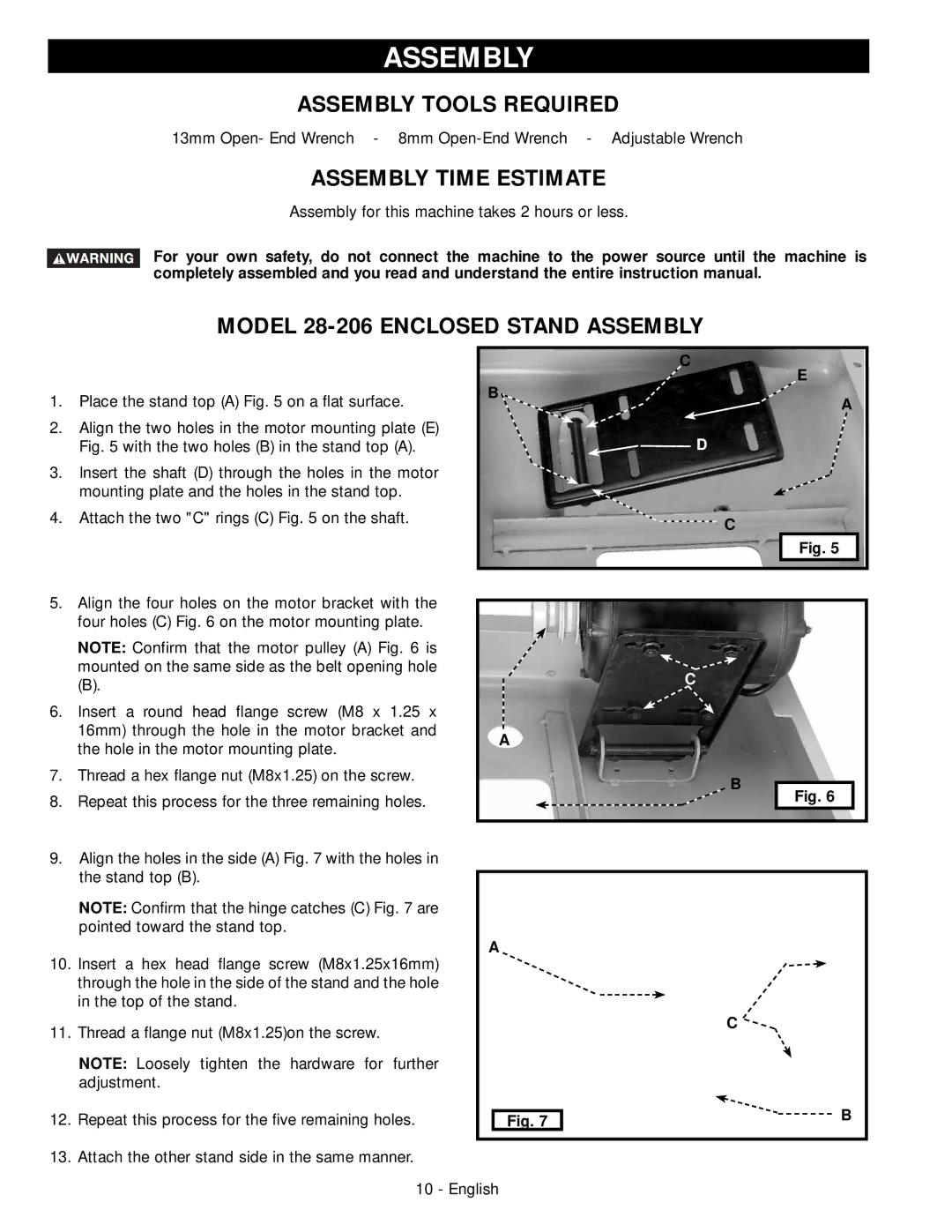 Delta 28-276 Assembly Tools Required, Assembly Time Estimate, Model 28-206 Enclosed Stand Assembly 