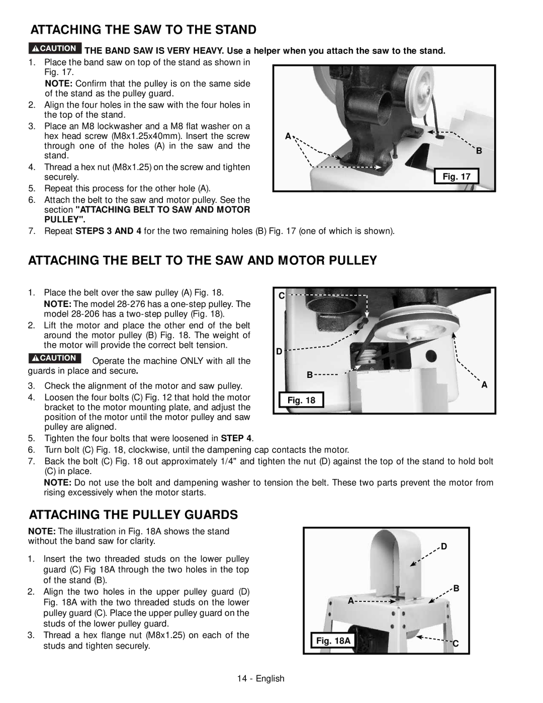 Delta 28-206 Attaching the SAW to the Stand, Attaching the Belt to the SAW and Motor Pulley, Attaching the Pulley Guards 