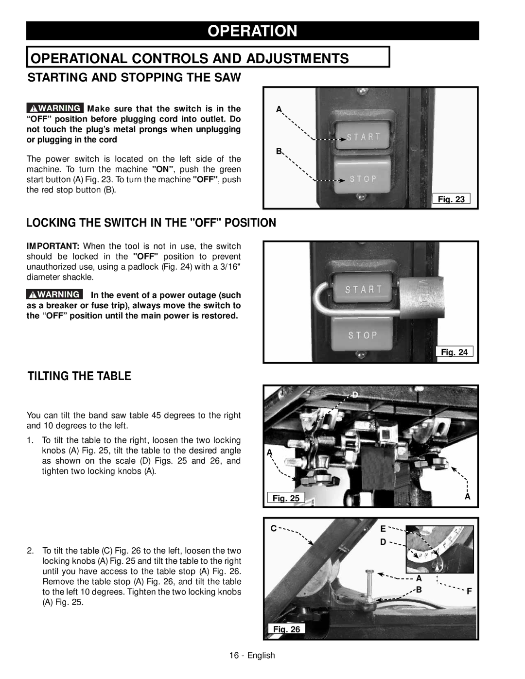 Delta 28-206, 28-276 Operation, Starting and Stopping the SAW, Locking the Switch in the OFF Position, Tilting the Table 