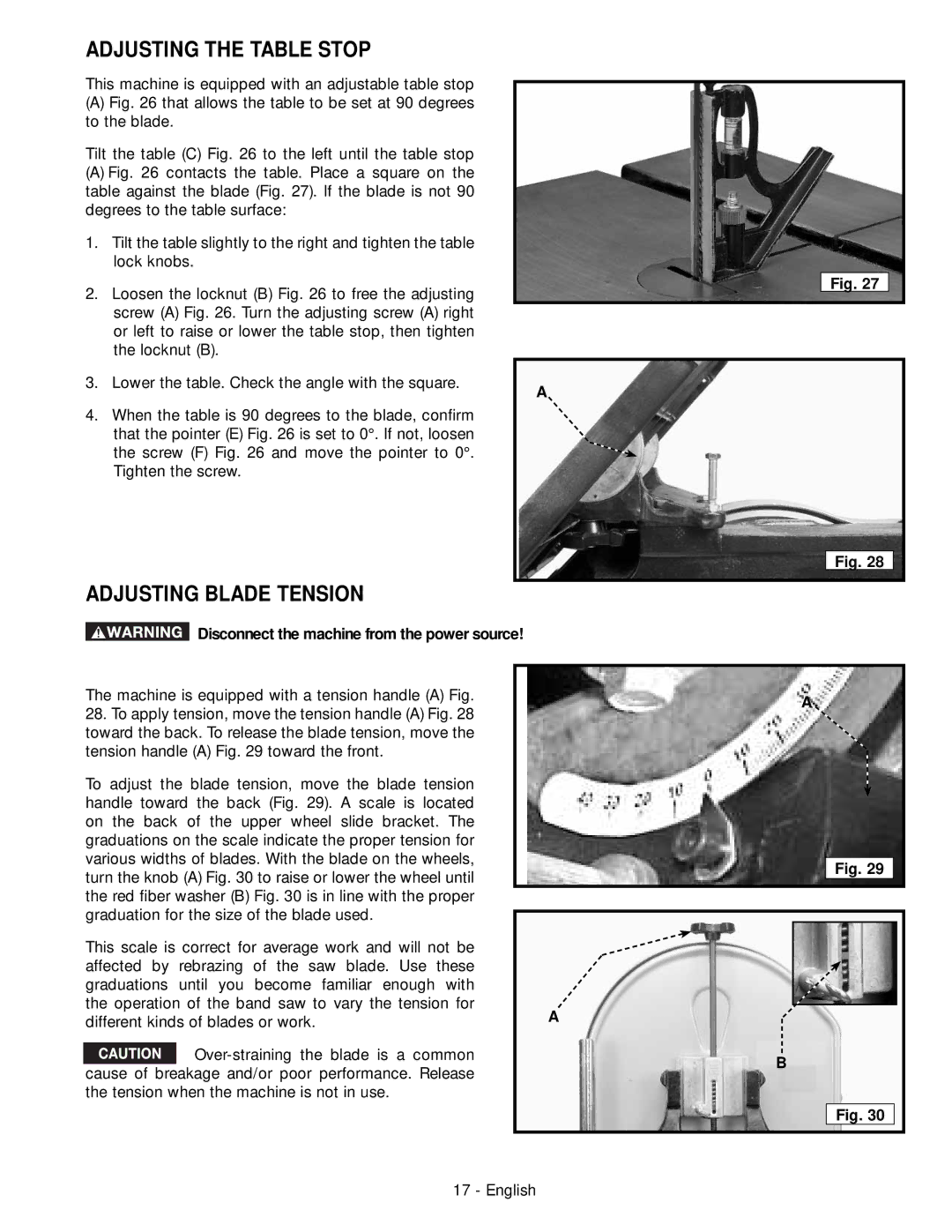 Delta 28-276, 28-206 instruction manual Adjusting the Table Stop, Adjusting Blade Tension 