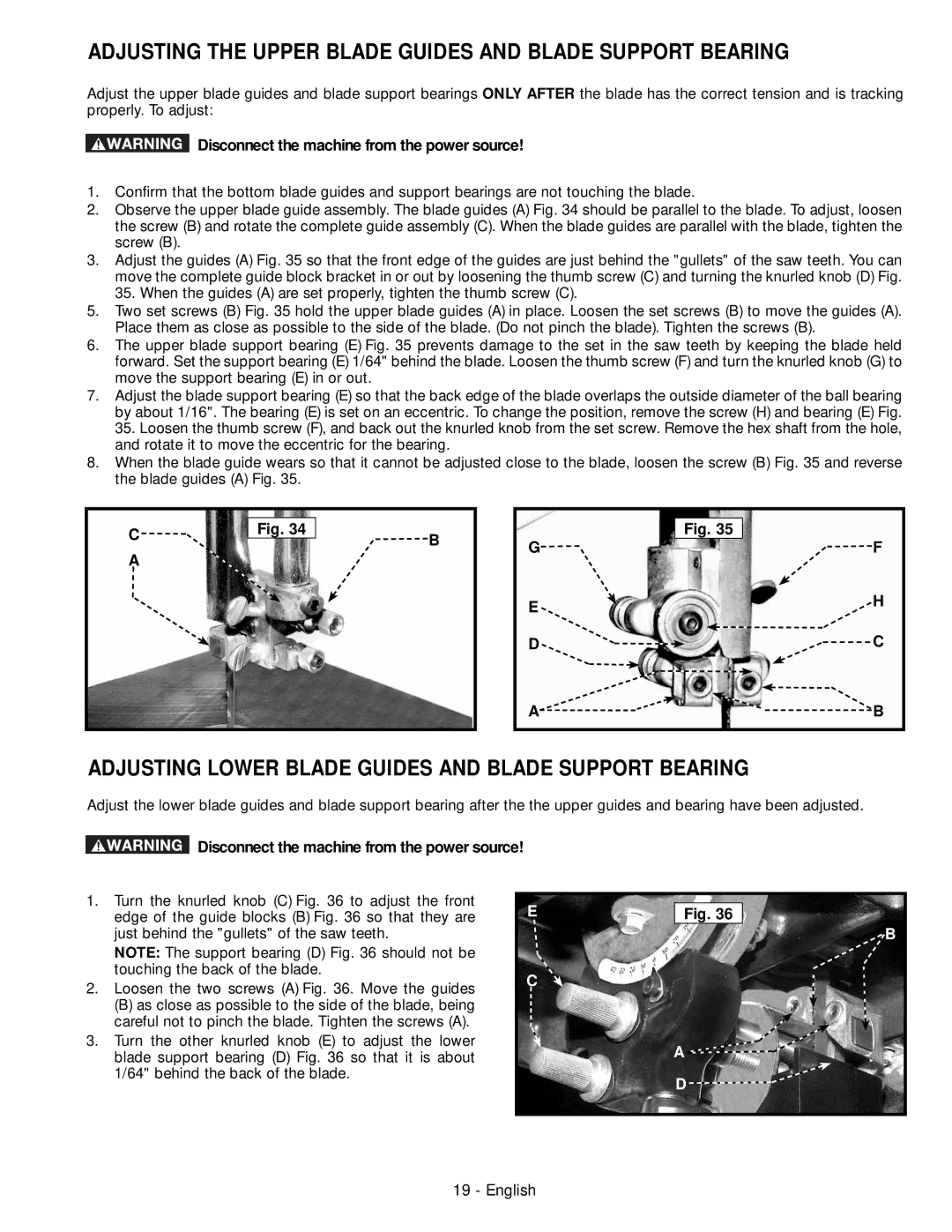 Delta 28-276, 28-206 instruction manual Adjusting the Upper Blade Guides and Blade Support Bearing 