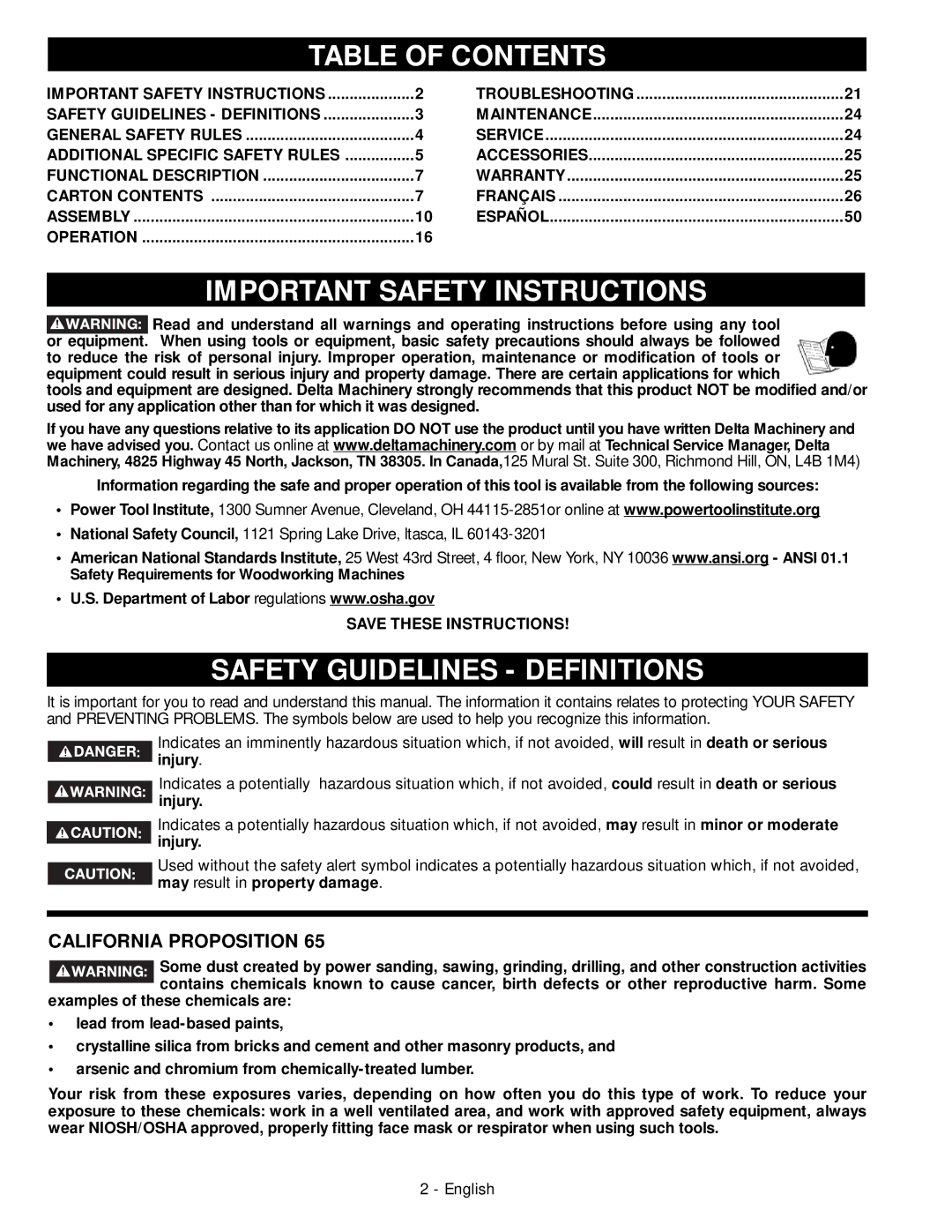 Delta 28-206, 28-276 instruction manual Table of Contents, Important Safety Instructions, Safety Guidelines Definitions 