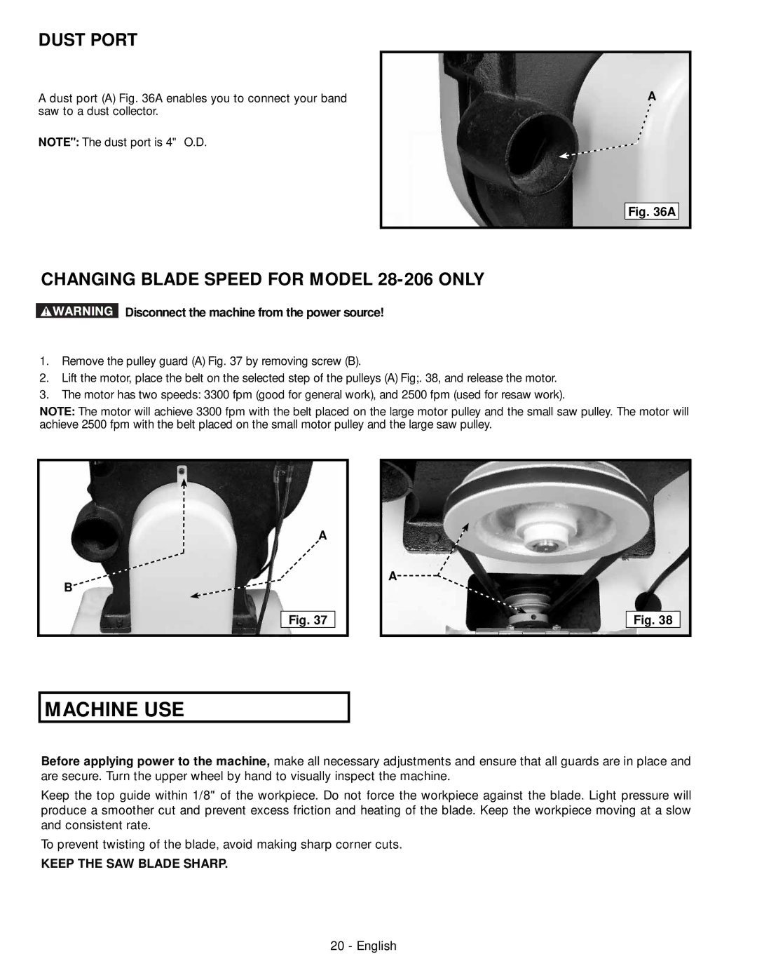 Delta 28-276 instruction manual Dust Port, Changing Blade Speed for Model 28-206 only 