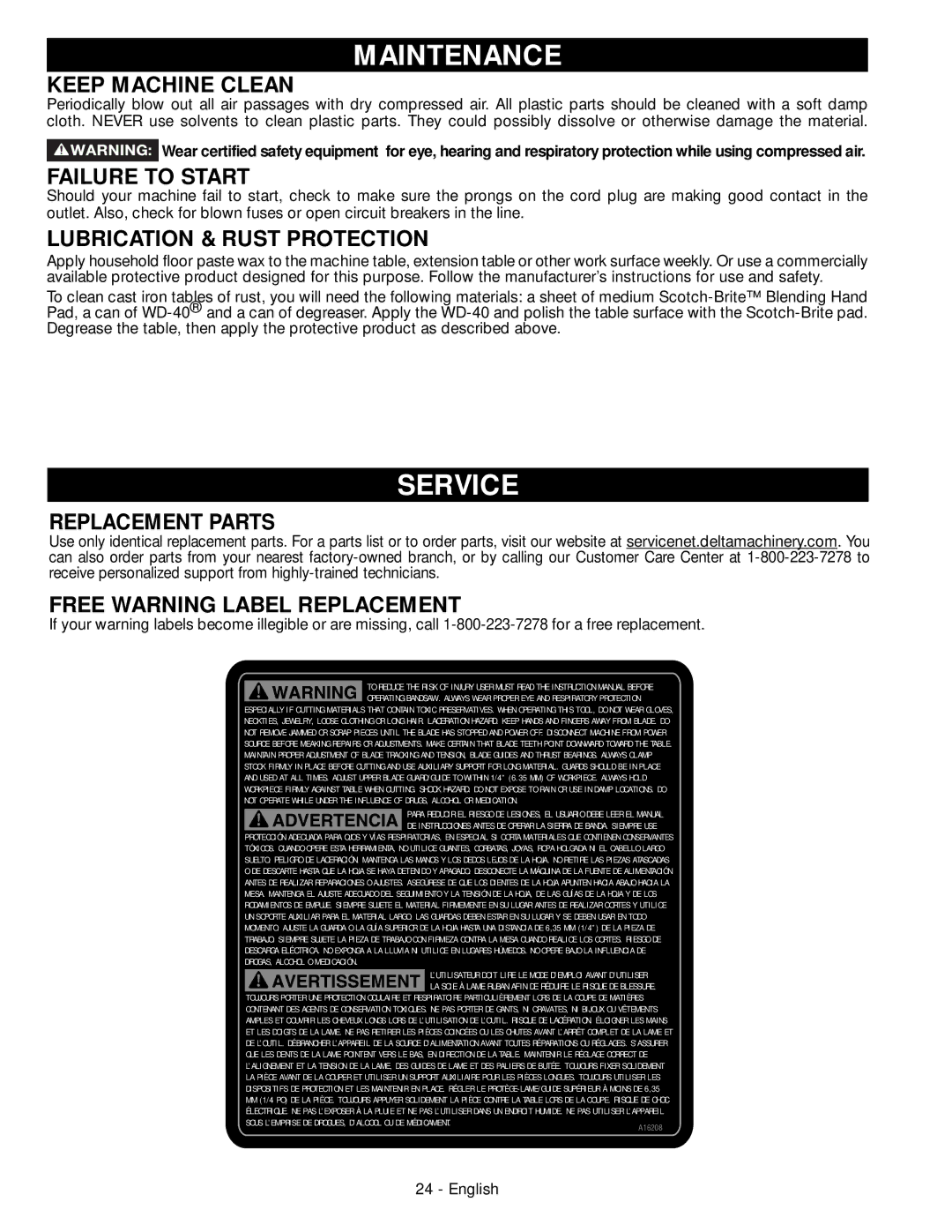 Delta 28-206, 28-276 instruction manual Maintenance, Service 