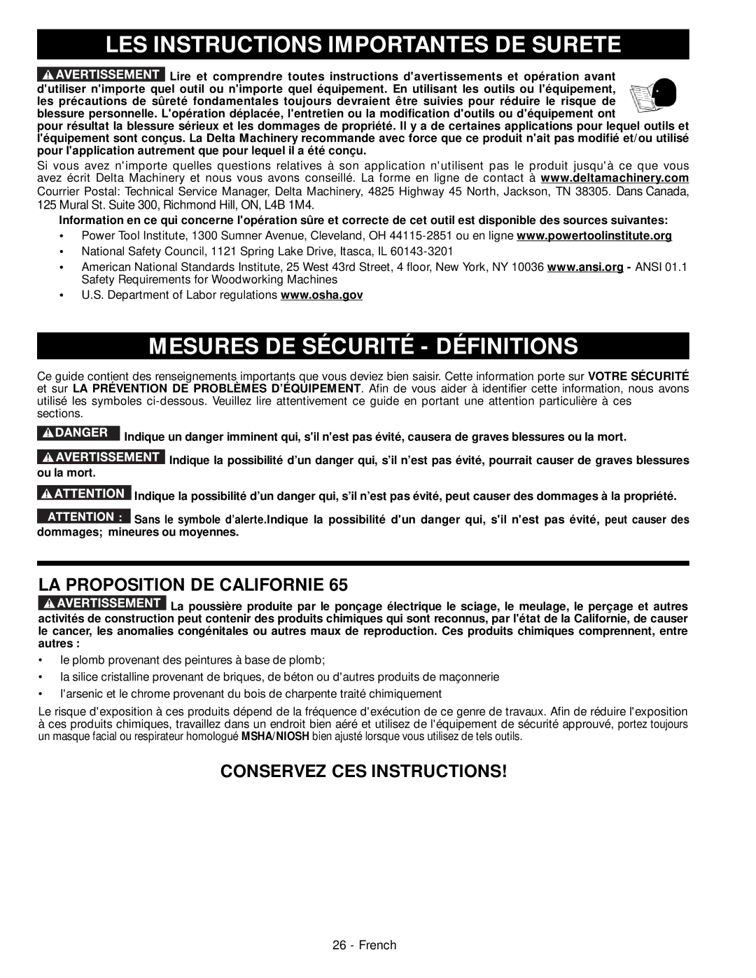 Delta 28-206, 28-276 LES Instructions Importantes DE Surete, Mesures DE Sécurité Définitions, LA Proposition DE Californie 