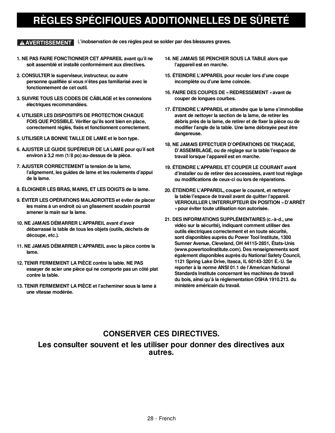 Delta 28-206, 28-276 instruction manual Règles Spécifiques Additionnelles DE Sûreté, Conserver CES Directives 