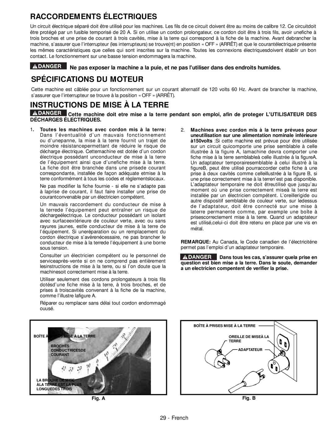 Delta 28-276, 28-206 instruction manual Raccordements Électriques, Spécifications DU Moteur, Instructions DE Mise À LA Terre 