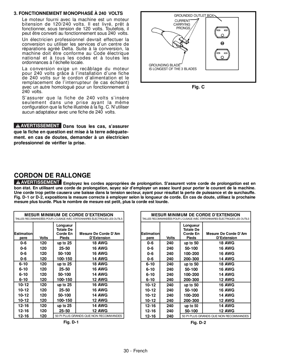 Delta 28-206, 28-276 instruction manual Cordon DE Rallonge, Fonctionnement Monophasé À 240 Volts 