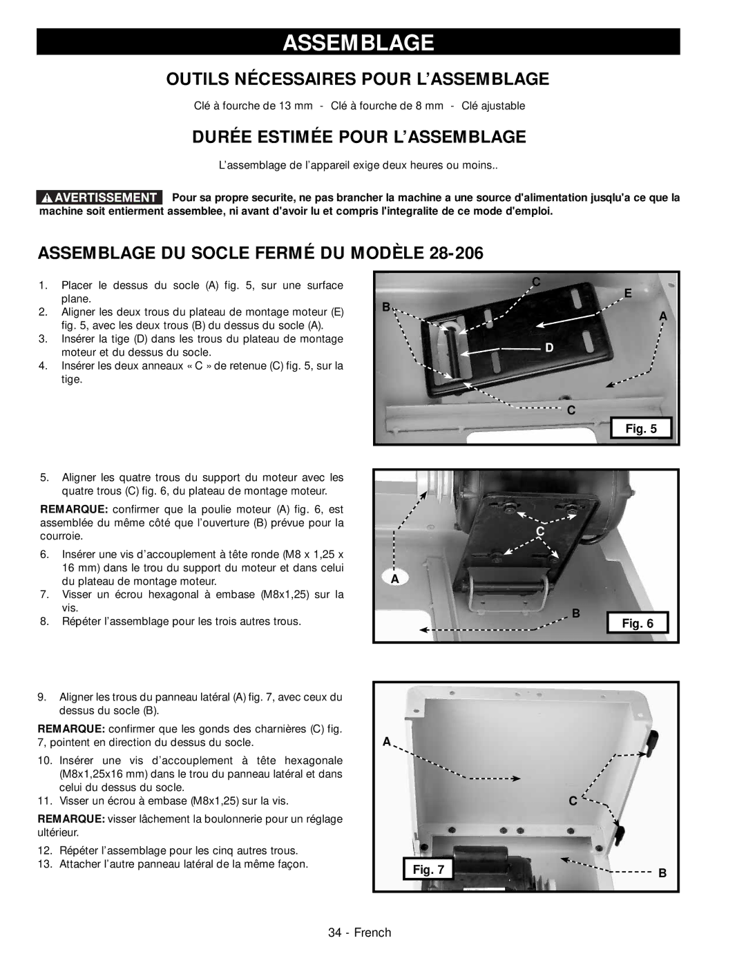 Delta 28-206, 28-276 instruction manual Assemblage, Outils Nécessaires Pour L’ASSEMBLAGE, Durée Estimée Pour L’ASSEMBLAGE 