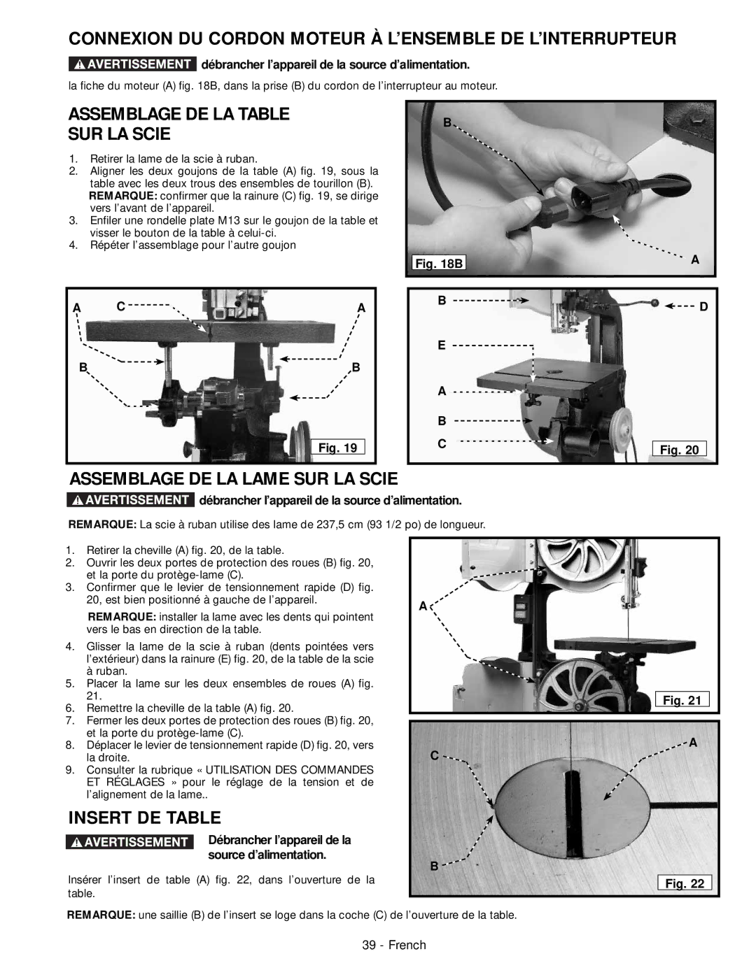 Delta 28-276, 28-206 Connexion DU Cordon Moteur À L’ENSEMBLE DE L’INTERRUPTEUR, Assemblage DE LA Table SUR LA Scie 