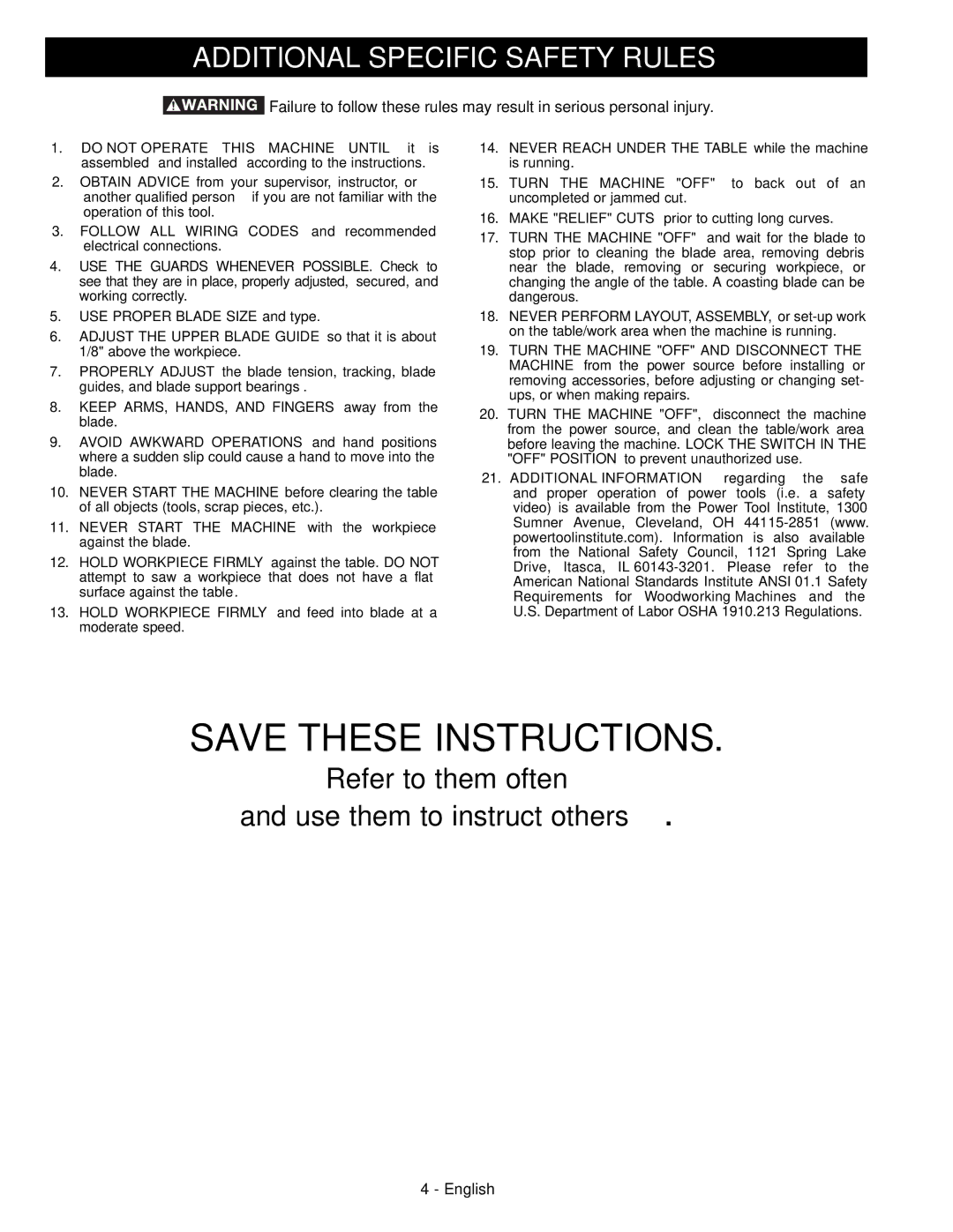 Delta 28-206, 28-276 instruction manual Additional Specific Safety Rules, Refer to them often Use them to instruct others 