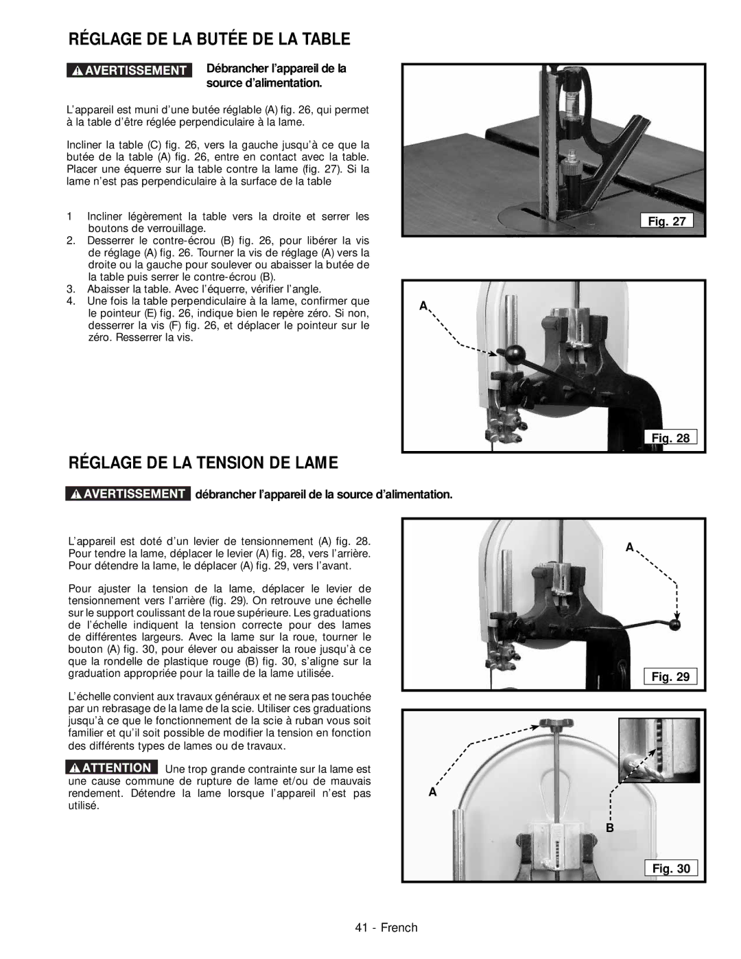 Delta 28-276, 28-206 instruction manual Réglage DE LA Butée DE LA Table, Réglage DE LA Tension DE Lame 