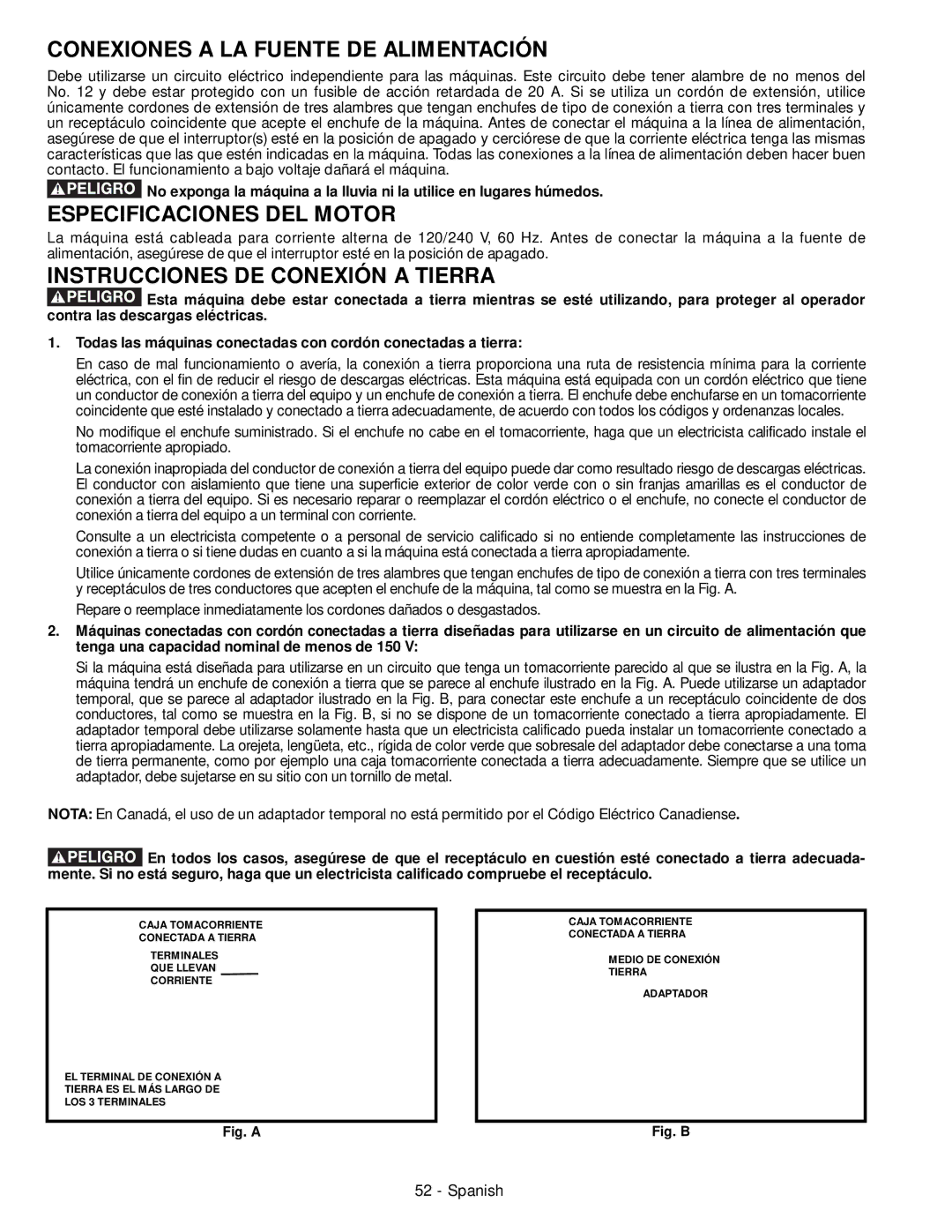 Delta 28-206 Conexiones a LA Fuente DE Alimentación, Especificaciones DEL Motor, Instrucciones DE Conexión a Tierra 