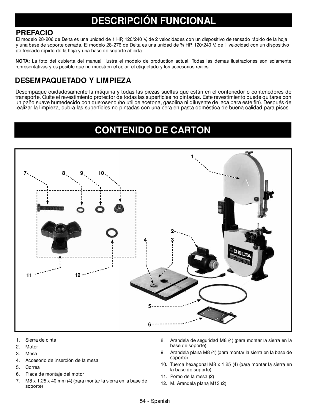 Delta 28-206, 28-276 instruction manual Descripción Funcional, Contenido DE Carton, Prefacio, Desempaquetado Y Limpieza 