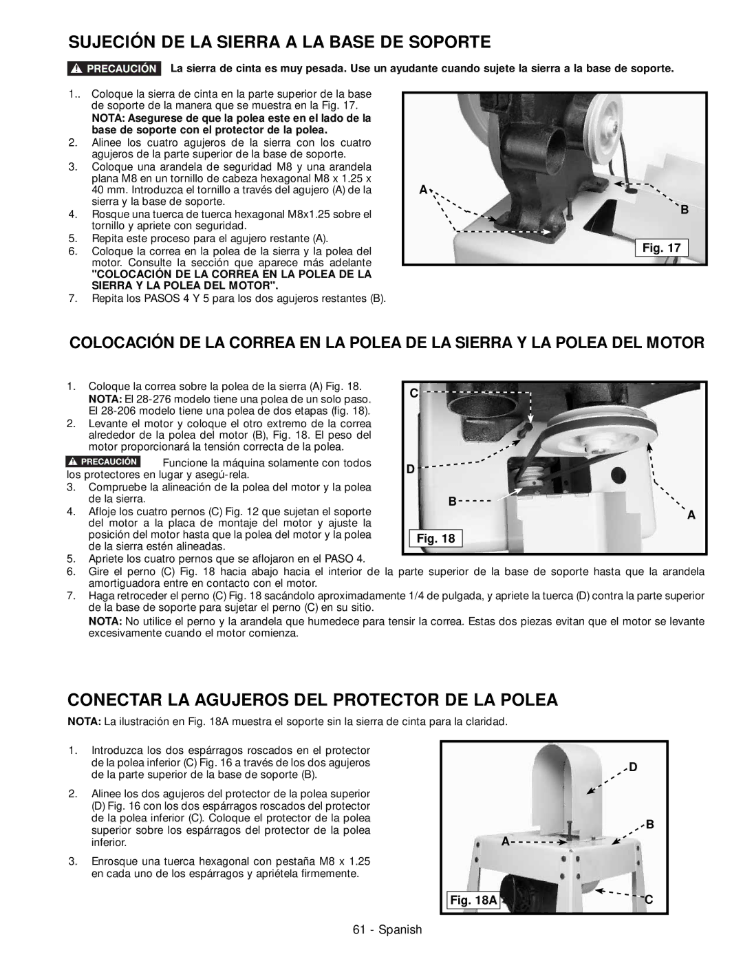 Delta 28-276, 28-206 Sujeción DE LA Sierra a LA Base DE Soporte, Conectar LA Agujeros DEL Protector DE LA Polea 