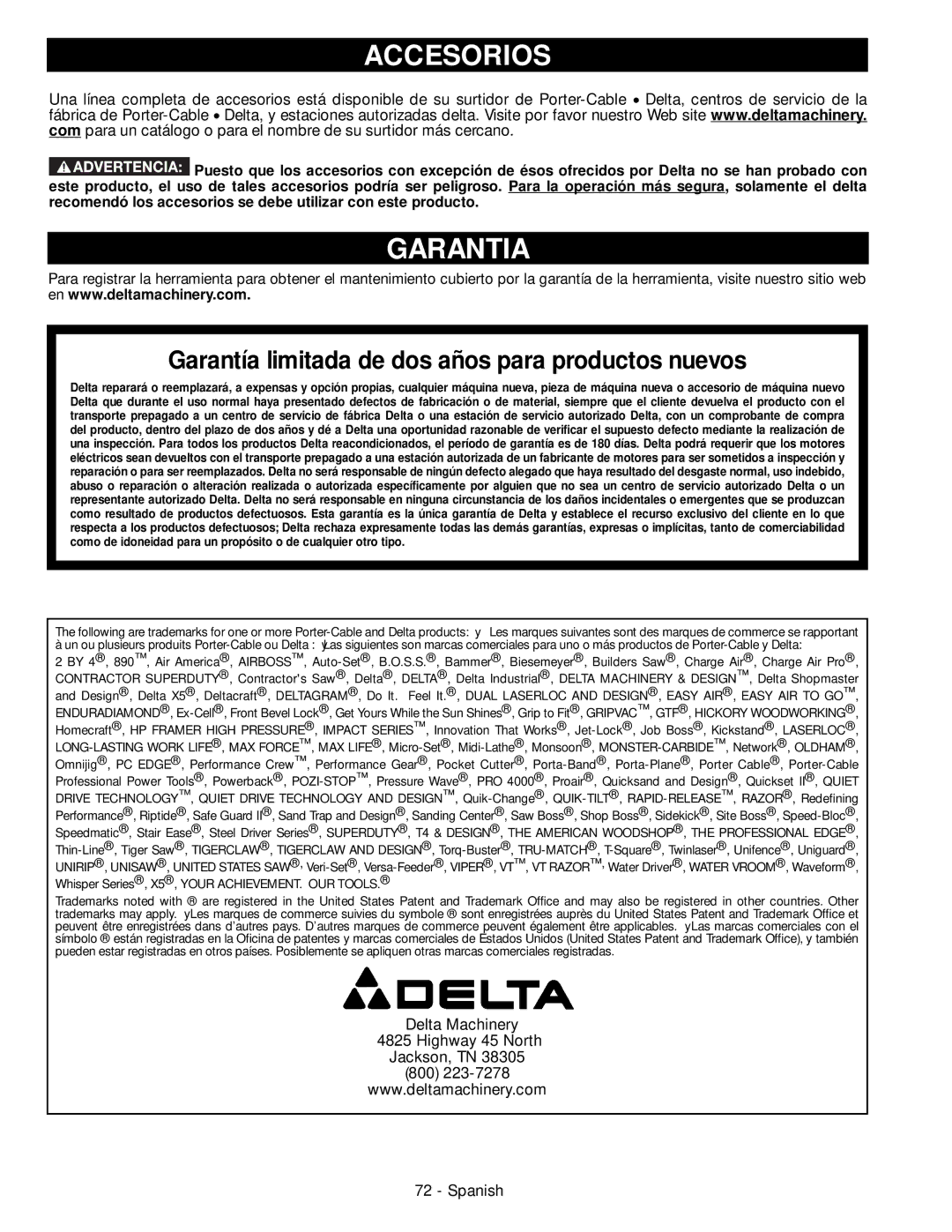 Delta 28-206, 28-276 instruction manual Accesorios, Garantia 