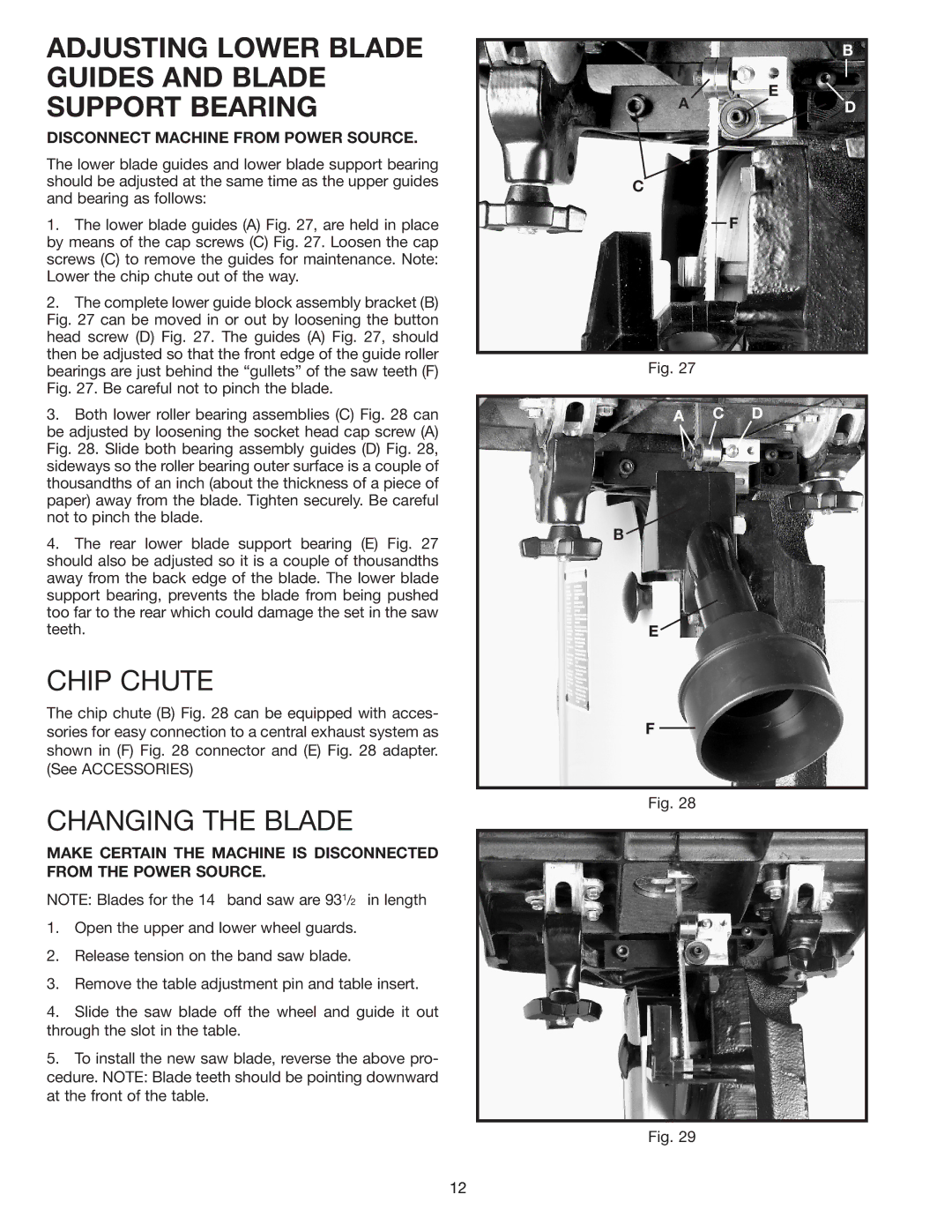 Delta 28-263 instruction manual Adjusting Lower Blade Guides and Blade Support Bearing, Chip Chute 