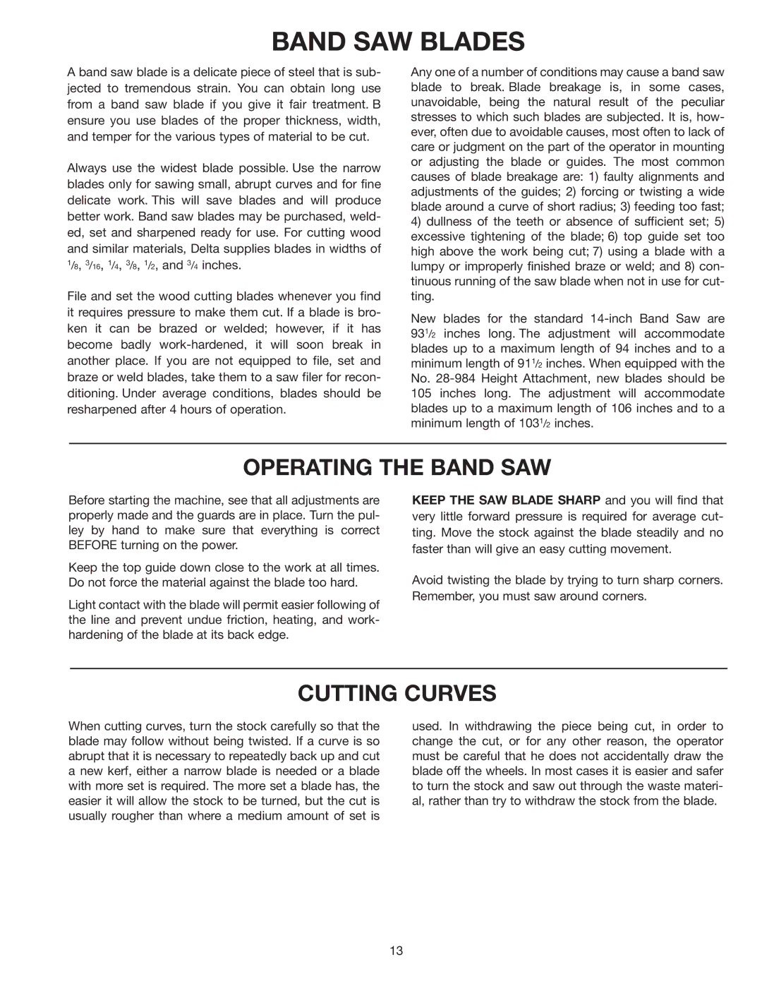 Delta 28-263 instruction manual Band SAW Blades, Operating the Band SAW, Cutting Curves 