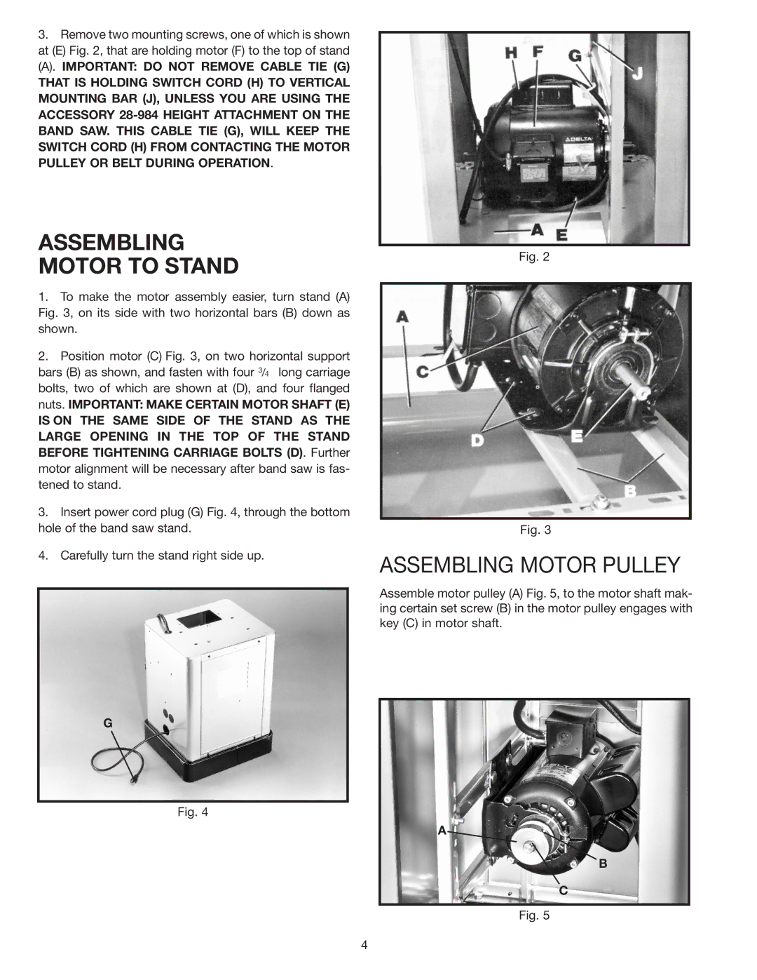 Delta 28-263 instruction manual Assembling Motor to Stand, Assembling Motor Pulley 